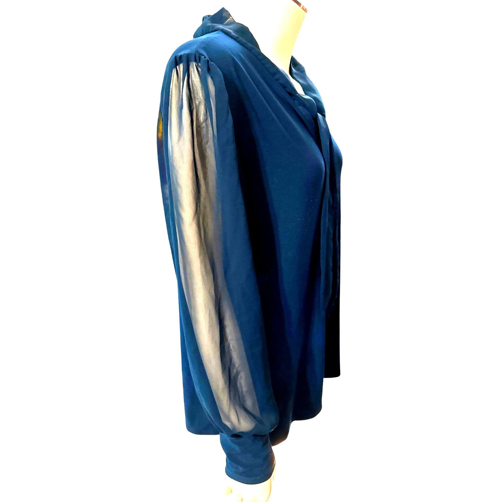 Other Adele May Navy Blouse Large Sheer Sleeve Tie Neck Keyhole Ro Size L / US 10 / IT 46 - 6 Thumbnail