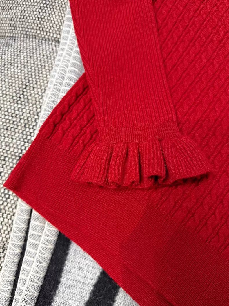 Valentino Valentino Red V-neck wool knit ruffled sleeve pullover Size XL / US 12-14 / IT 48-50 - 3 Thumbnail