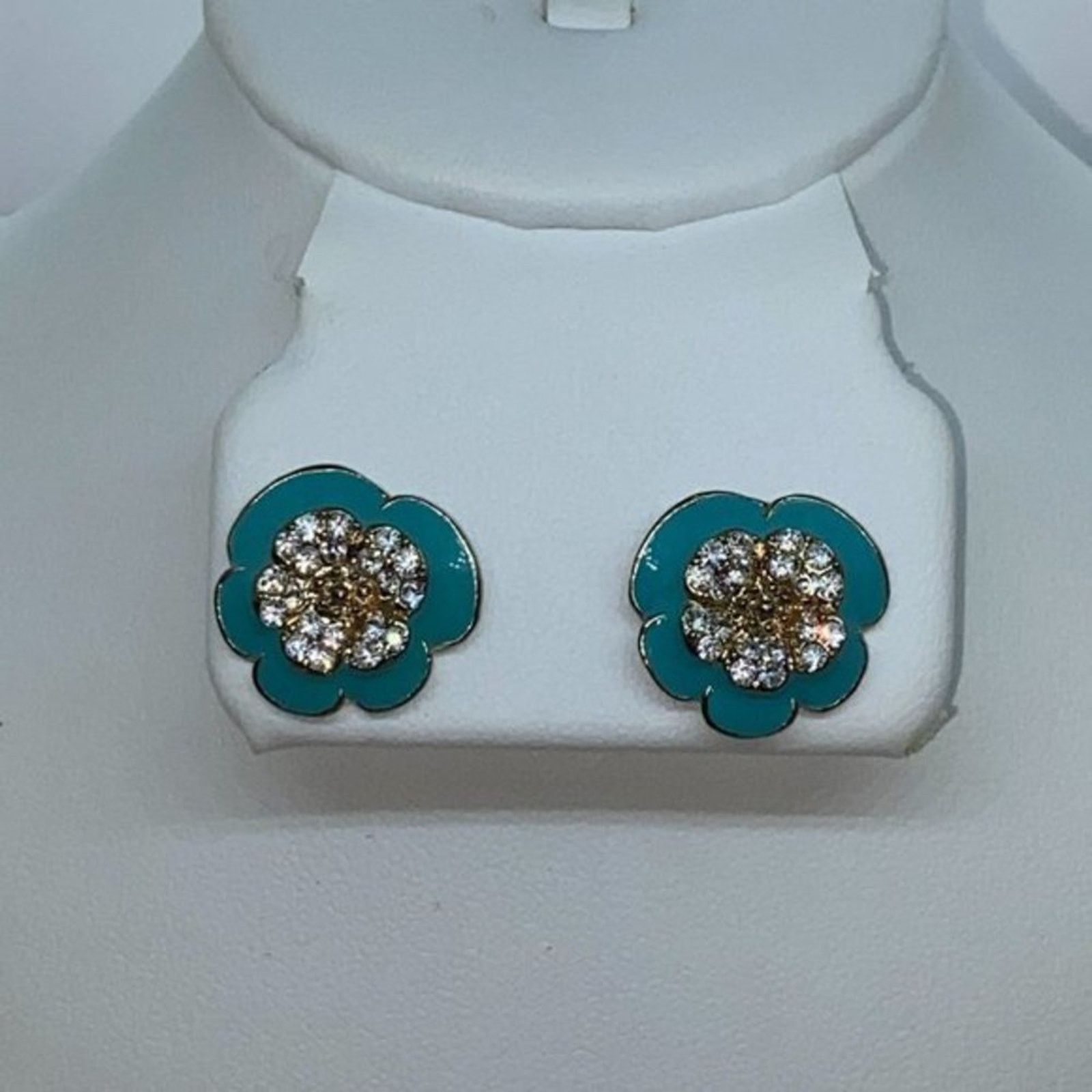 Handmade Gold-Tone Blue Clear Rhinestone Flower Stud Earrings Size ONE SIZE - 1 Thumbnail