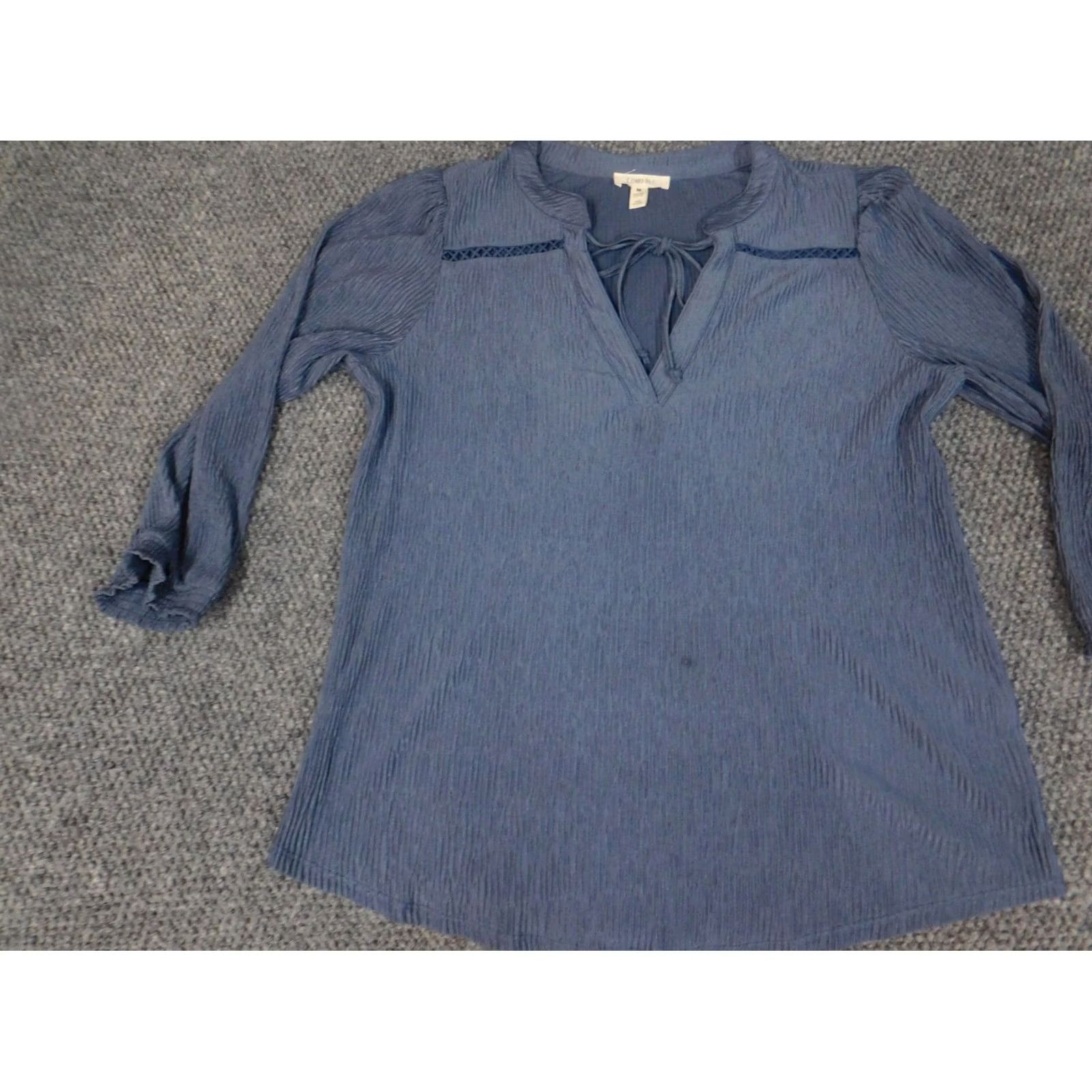 Vintage Como Blu Blouse Shirt Womens Medium Blue Cap Sleeve Collared Pullover Rayon Button Casual Regular Fit Size M / US 6-8 / IT 42-44 - 3 Thumbnail