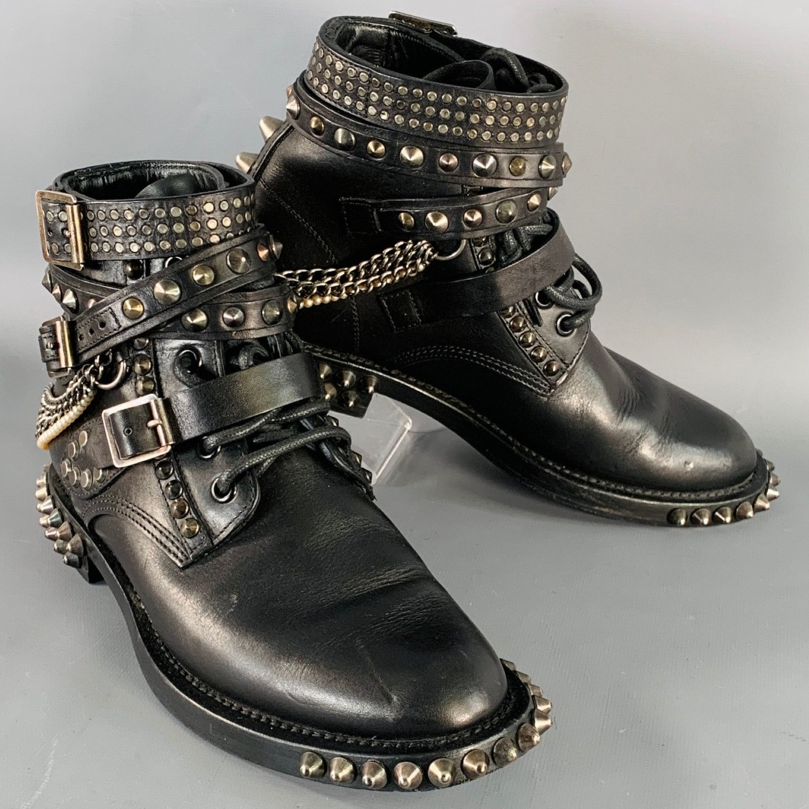 Saint Laurent Paris SAINT LAURENT Black Studded Leather Lace-Up Belted Boots Size US 6.5 / IT 36.5 - 1 Thumbnail