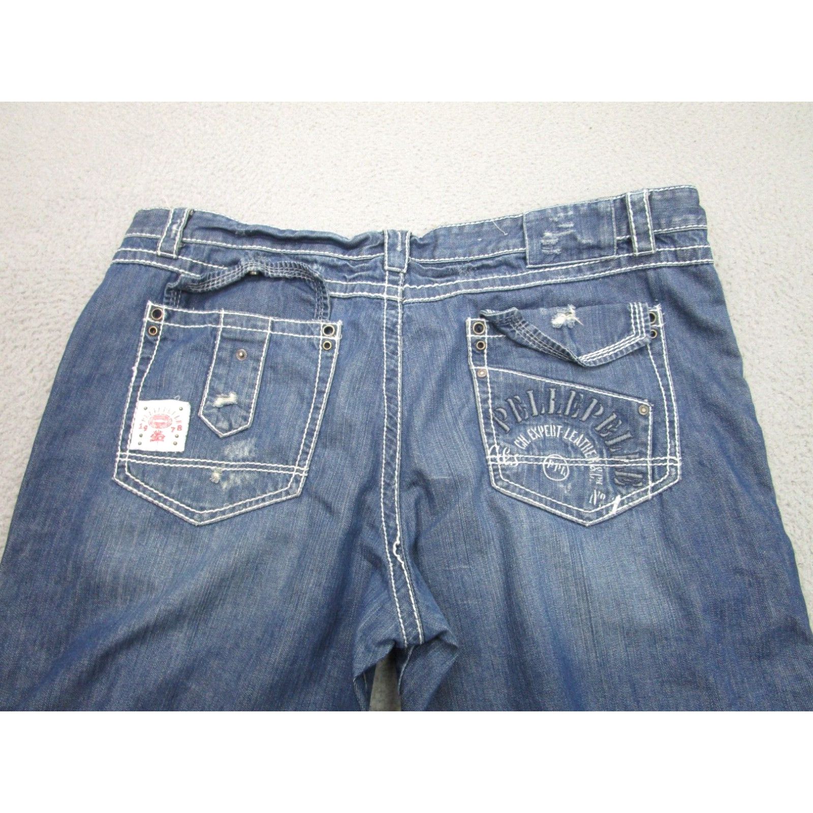image of Vintage Pelle Pelle Jeans Mens 46X34 Blue Baggy Embroidered Y2K 2000S Grunge in White (Size 30)