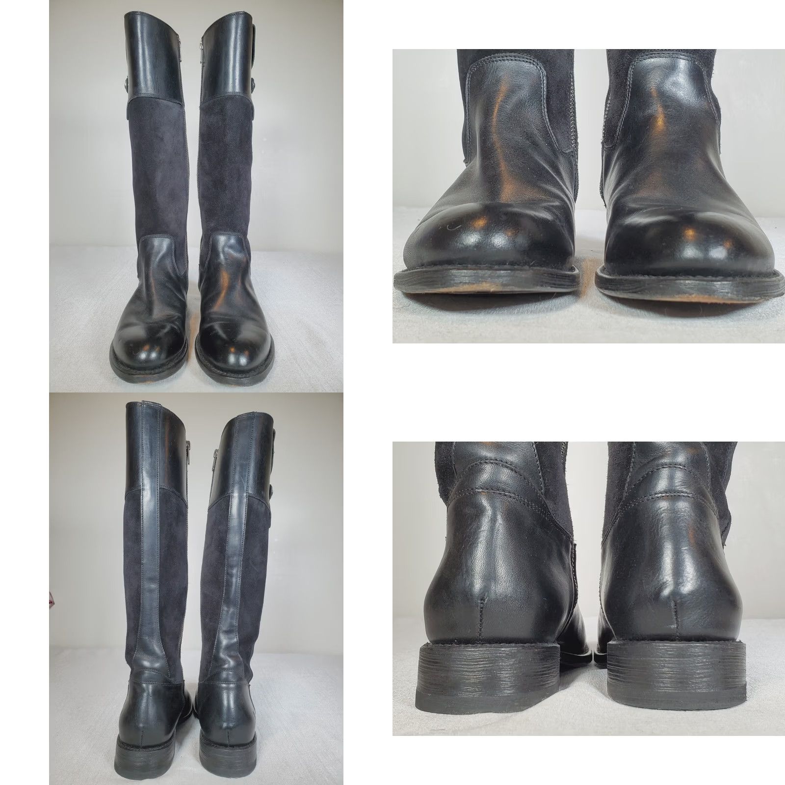 Frye FRYE Jayden Button Black Leather and Suede Tall Riding Boots Women's US 6 B Shaft 15 3/4" Calf Runs Narrow Leather Lined Block Heel 1 1/4" Size US 6 / IT 36 - 8 Thumbnail