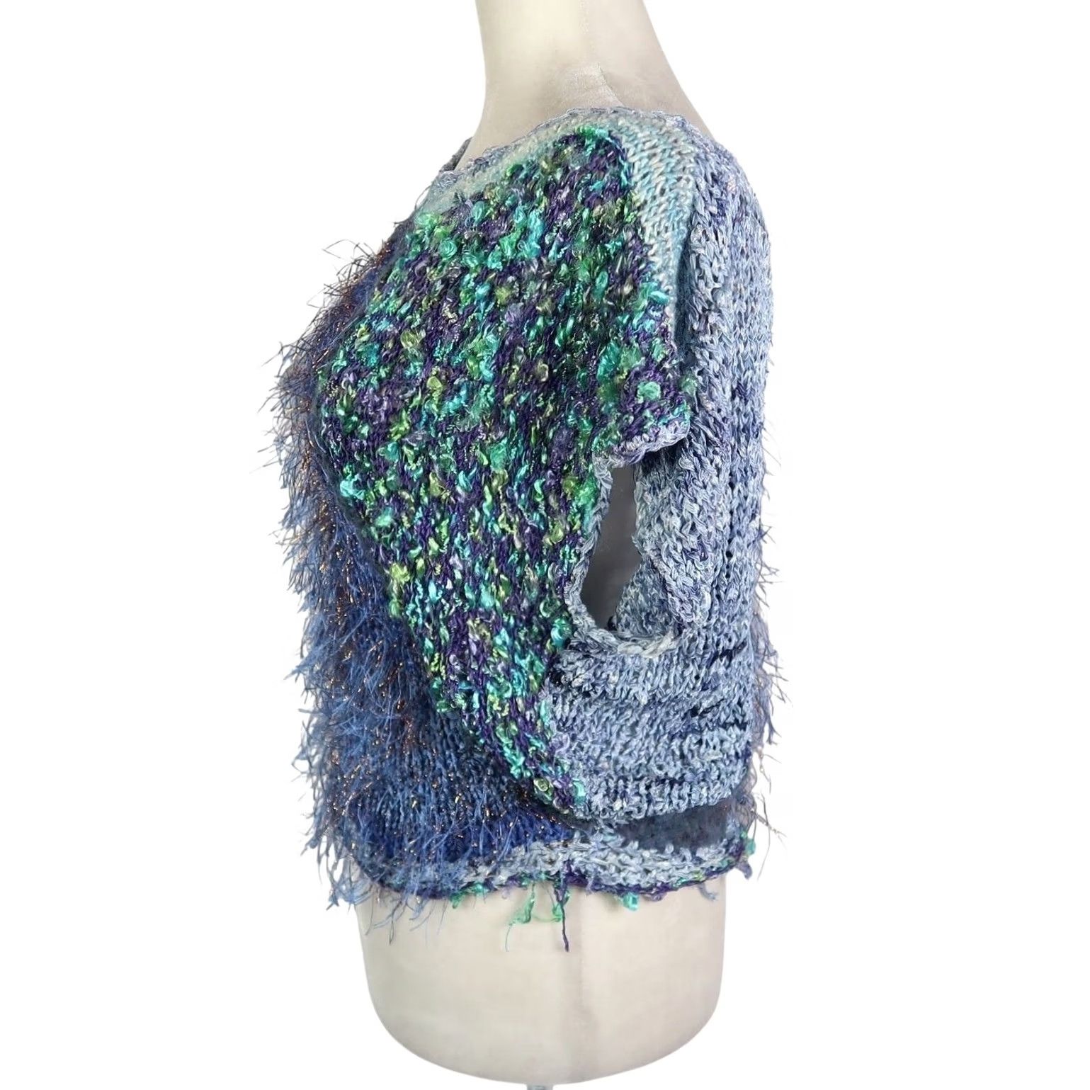 Vintage VINTAGE 90s Blue Sweater Knit Short Sleeve Patchwork Shaggy Eyelash M Womens Size M / US 6-8 / IT 42-44 - 3 Thumbnail