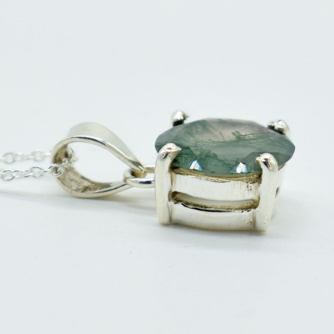 Handmade Moss Agate 925 Sterling Silver Pendant Necklace - 11mm Round Size ONE SIZE - 2 Thumbnail
