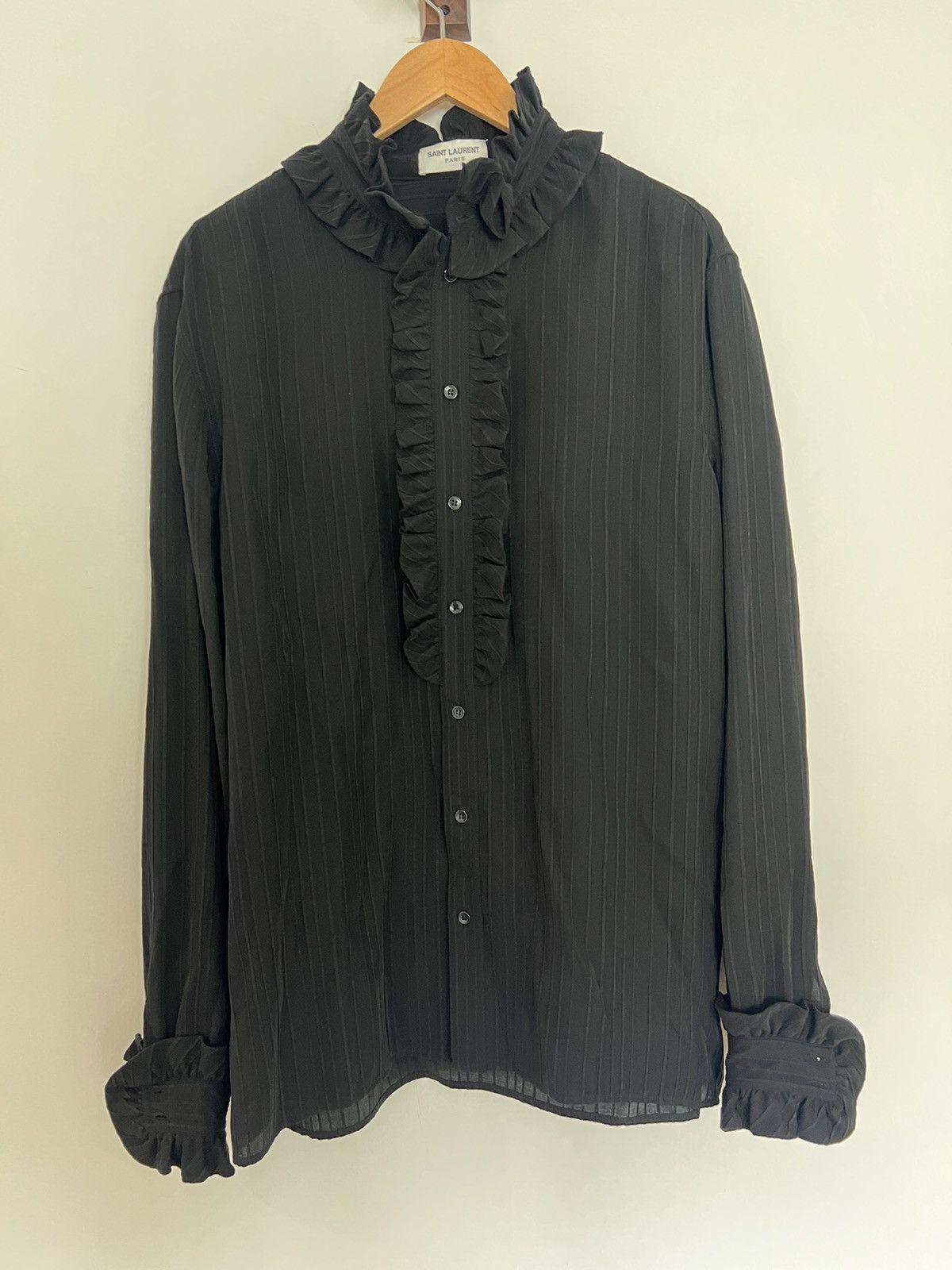 image of Saint Laurent Paris $1890 Sold Out Victorian Silk Ruffle Shirt Mens in Black (Size Large)