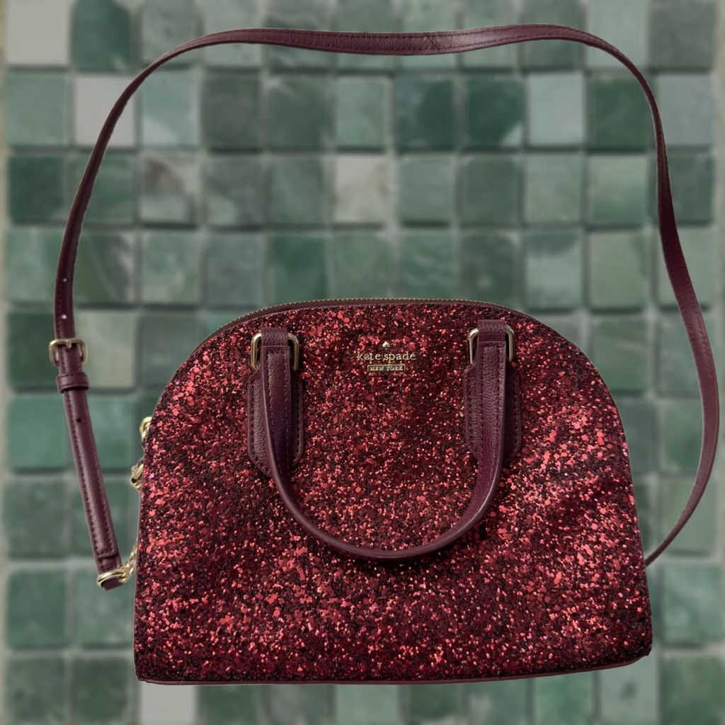 Vintage VINTAGE Kate Spade Satchel Bag Cross-Body Purse Burgundy Glitter Leather Trim Small Women’s Size ONE SIZE - 1 Thumbnail