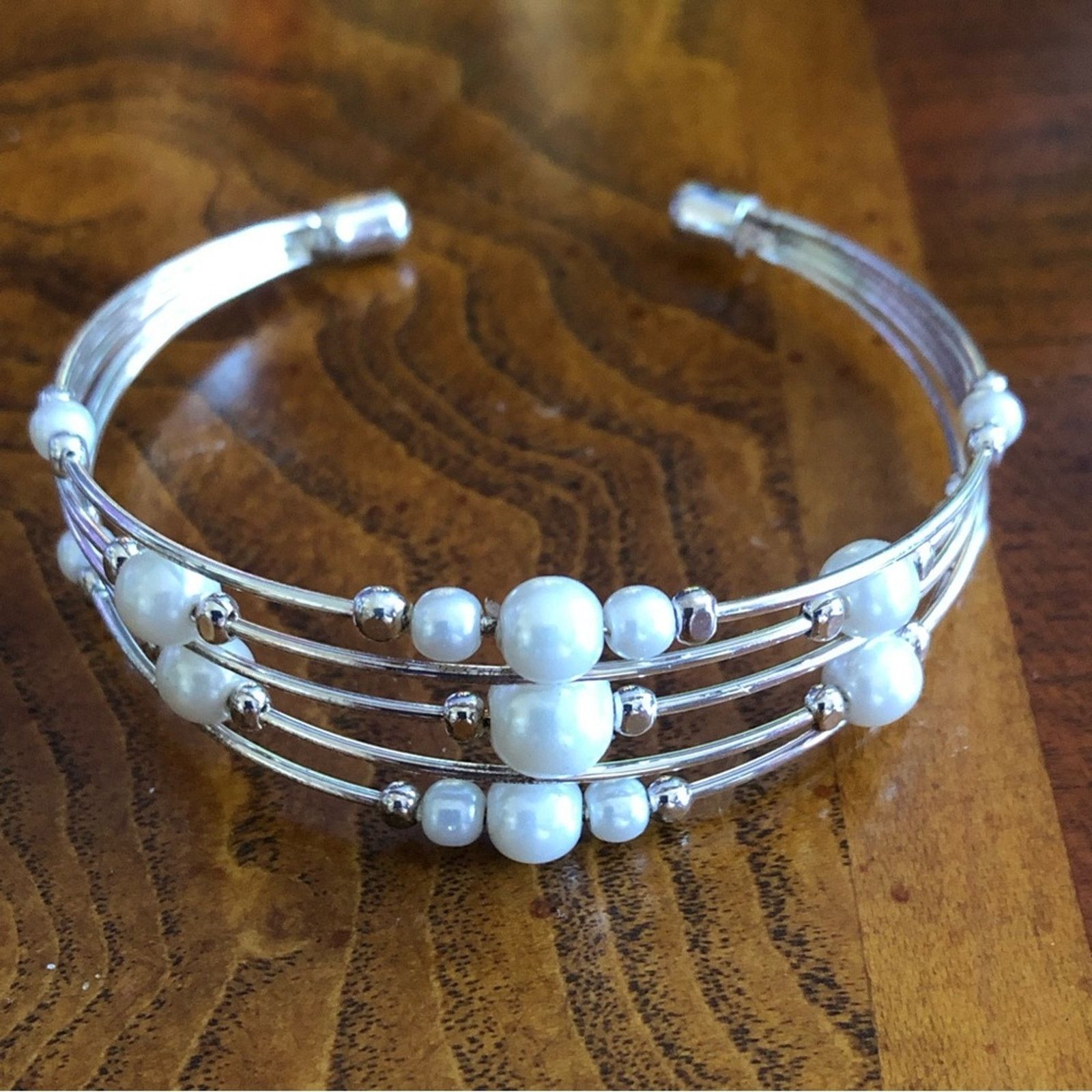 Jewelry Silver plated multi strand wired faux Pearl cuff bracelet Size ONE SIZE - 1 Thumbnail