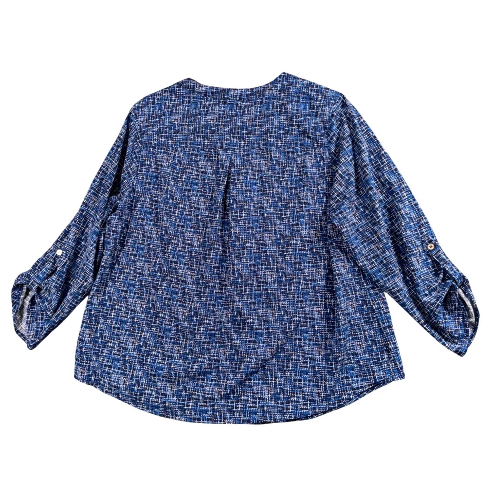 Vintage Notations Blue Abstract Blouse Plus Size 1X Boho Roll Tab Sleeve V-Neck Button Up Shirt Size XL / US 12-14 / IT 48-50 - 3 Thumbnail