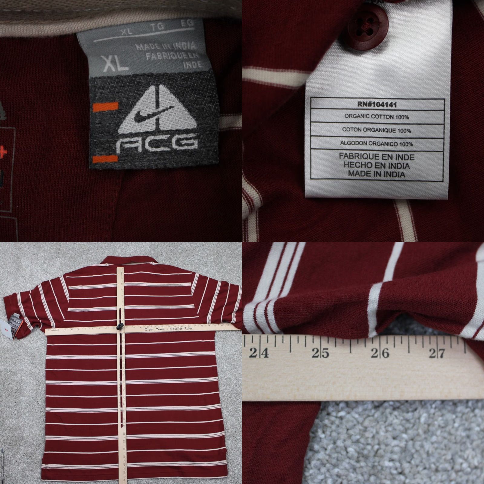 Nike ACG Nike ACG Ridge Stripe Polo Shirt Mens XL Red Barn Organic Cotton S/S SPF 30+ Polo Nike Golf Dri-Fit Reg Fit Size US XL / EU 56 / 4 - 9 Thumbnail