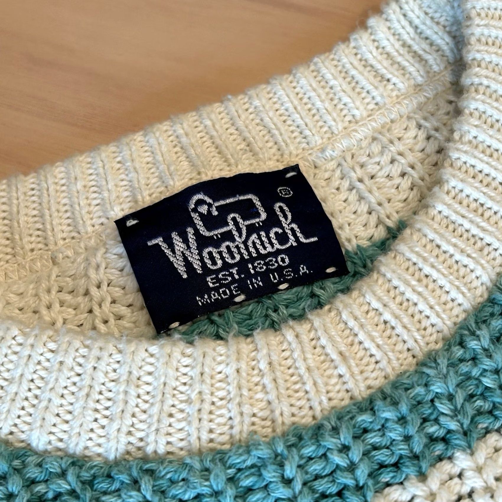 Vintage VINTAGE Woolrich Sweater Striped Chunky-Knit Women's Crew Neck Pullover Casual Winter Teal / Ivory 90s Nautical Logo Long Sleeve Size L Size L / US 10 / IT 46 - 4 Thumbnail