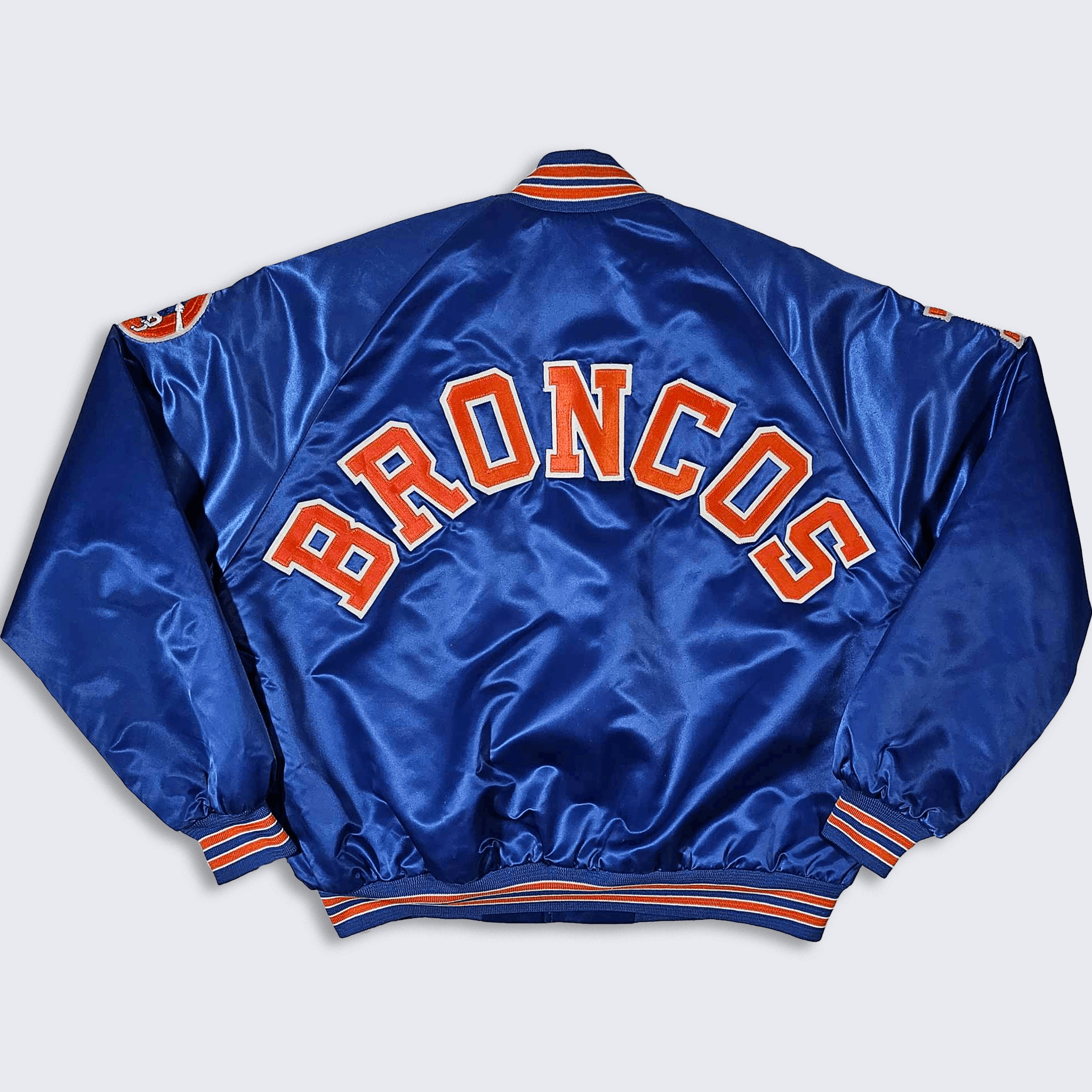 Image of Denver Broncos Vintage 80's Chalk Line Satin Bomber Jacket in Blue Orange, Men's (Size XL)