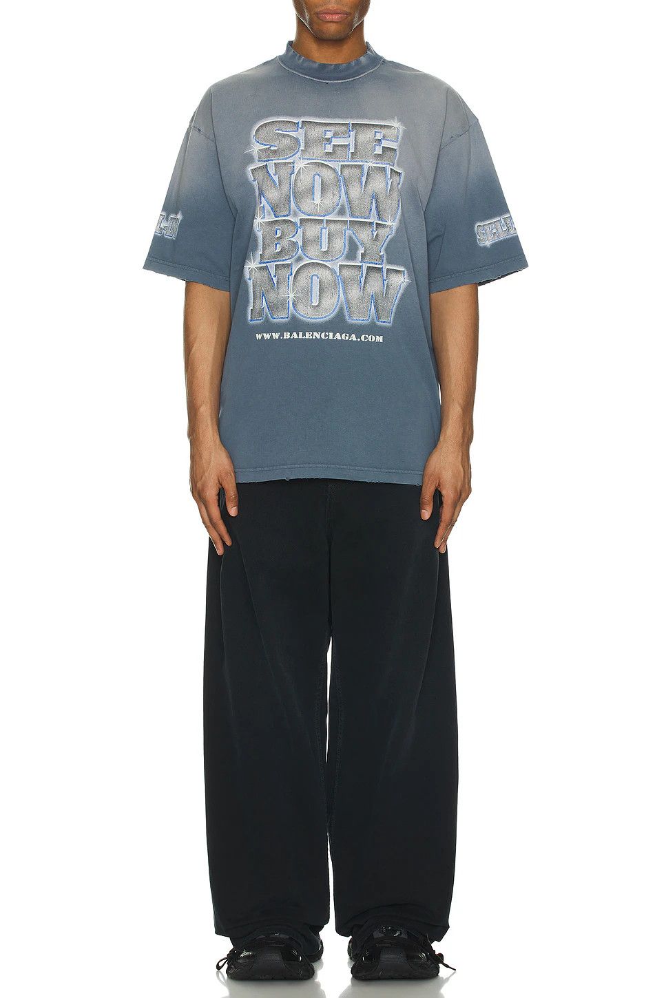 Balenciaga Washed Blue Distressed SNBN Logo Oversized T-Shirt Size L / US 10 / IT 46 - 6 Thumbnail