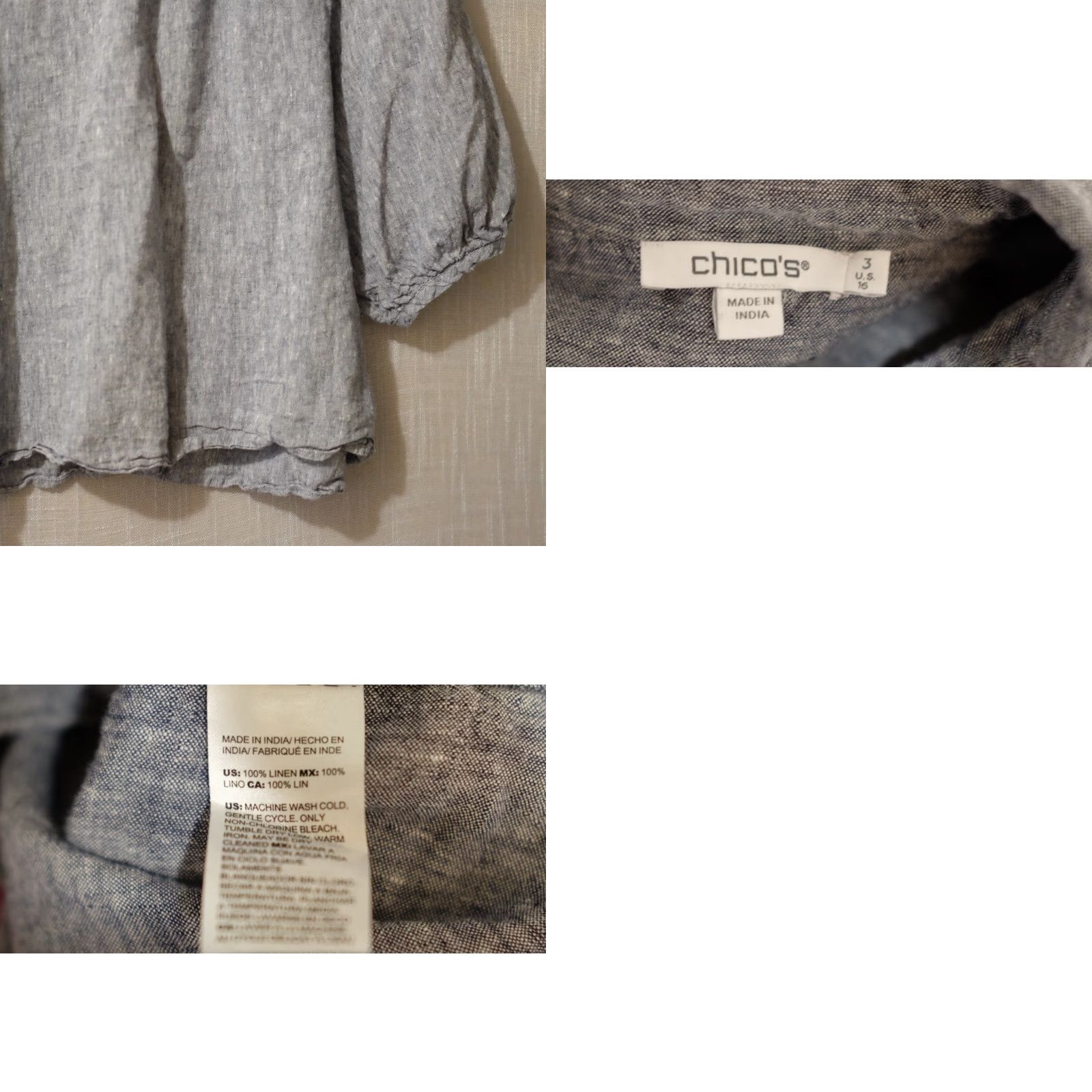 Vintage Chico's Linen Blouse Blue/White Button Up Elbow Sleeve Women's 3 US 16 #H87-17 Blouse Size XS / US 0-2 / IT 36-38 - 8 Thumbnail
