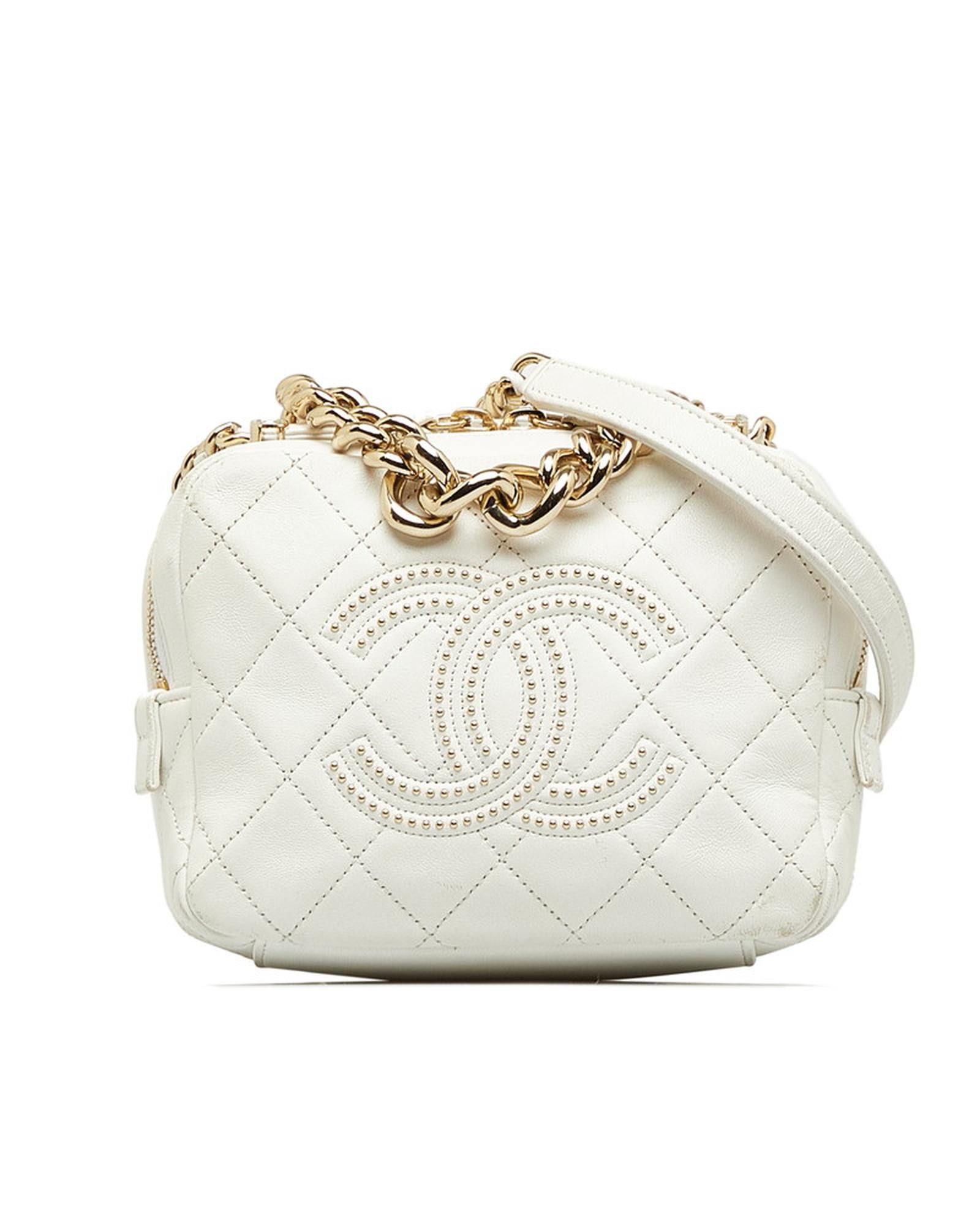 image of Chanel Quilted Leather Chain Crossbody Bag in White, Women's