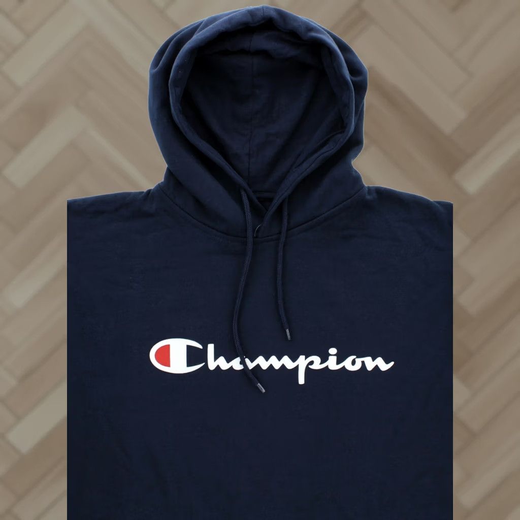 Champion Champion Men's Script Hoodie Sweatshirt Big & Tall Pullover CH1013 Navy Crew Neck Long Sleeve Fleece Logo Graphic Print Gym Wear Men XLt Boys Mens Size US XL / EU 56 / 4 - 1 Thumbnail