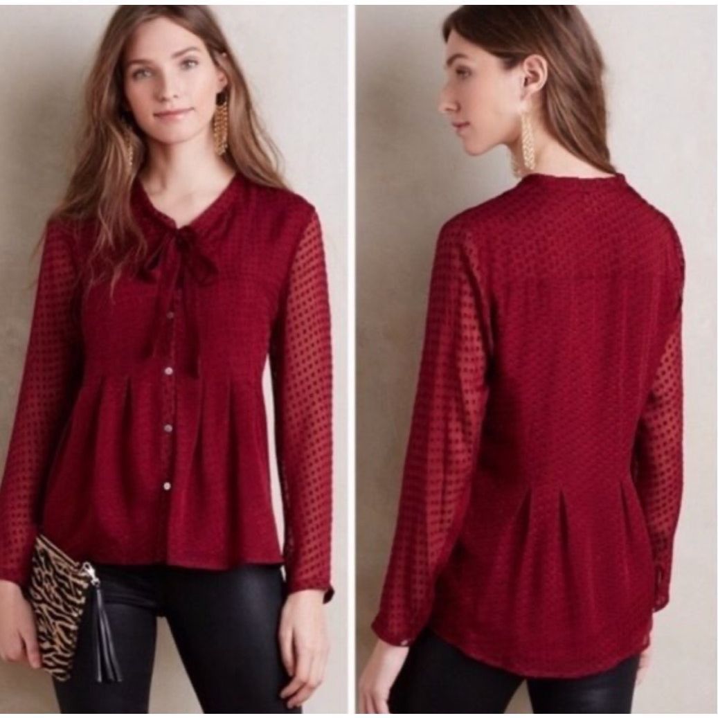 Anthropologie Anthropologie Meadow Rue Clipdot Tieneck Blouse in Raspberry Size S / US 4 / IT 40 - 1 Thumbnail