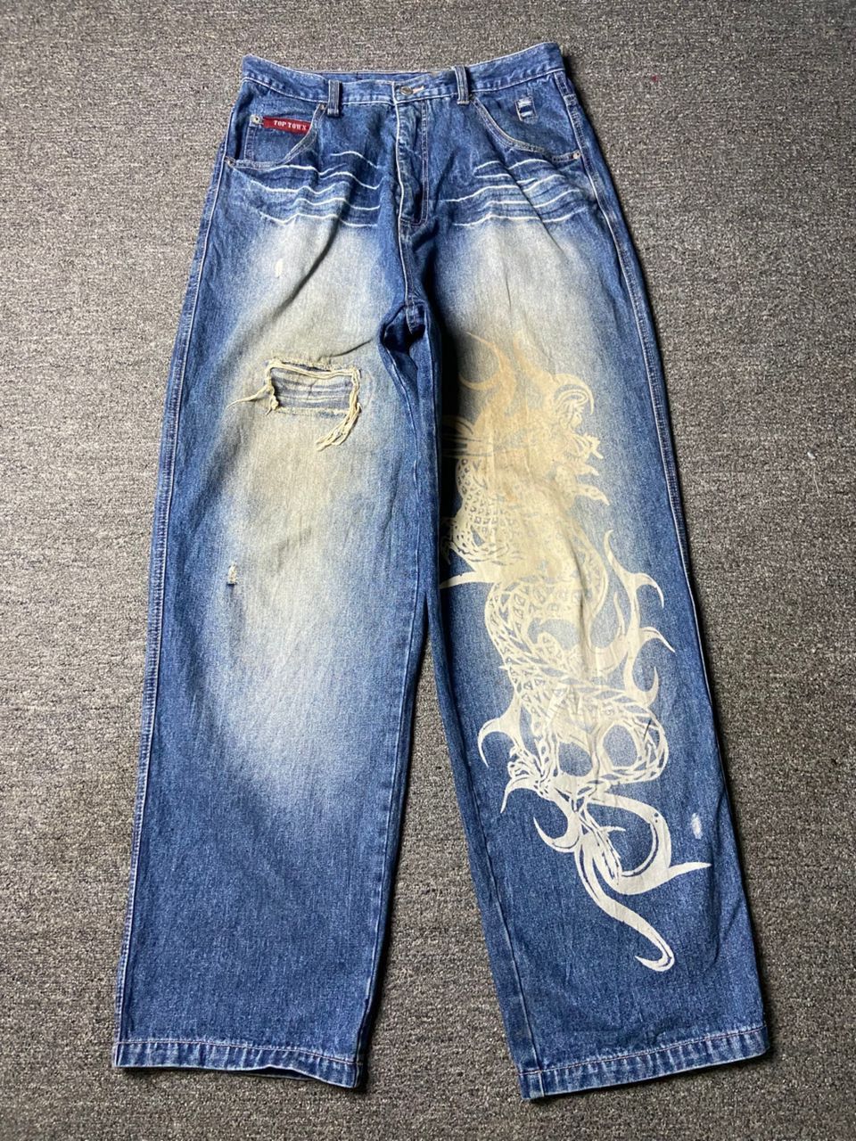 Japanese Brand Vintage Top Town Dragon Print Denim Jeans (162) Size US 32 / EU 48 - 1 Thumbnail