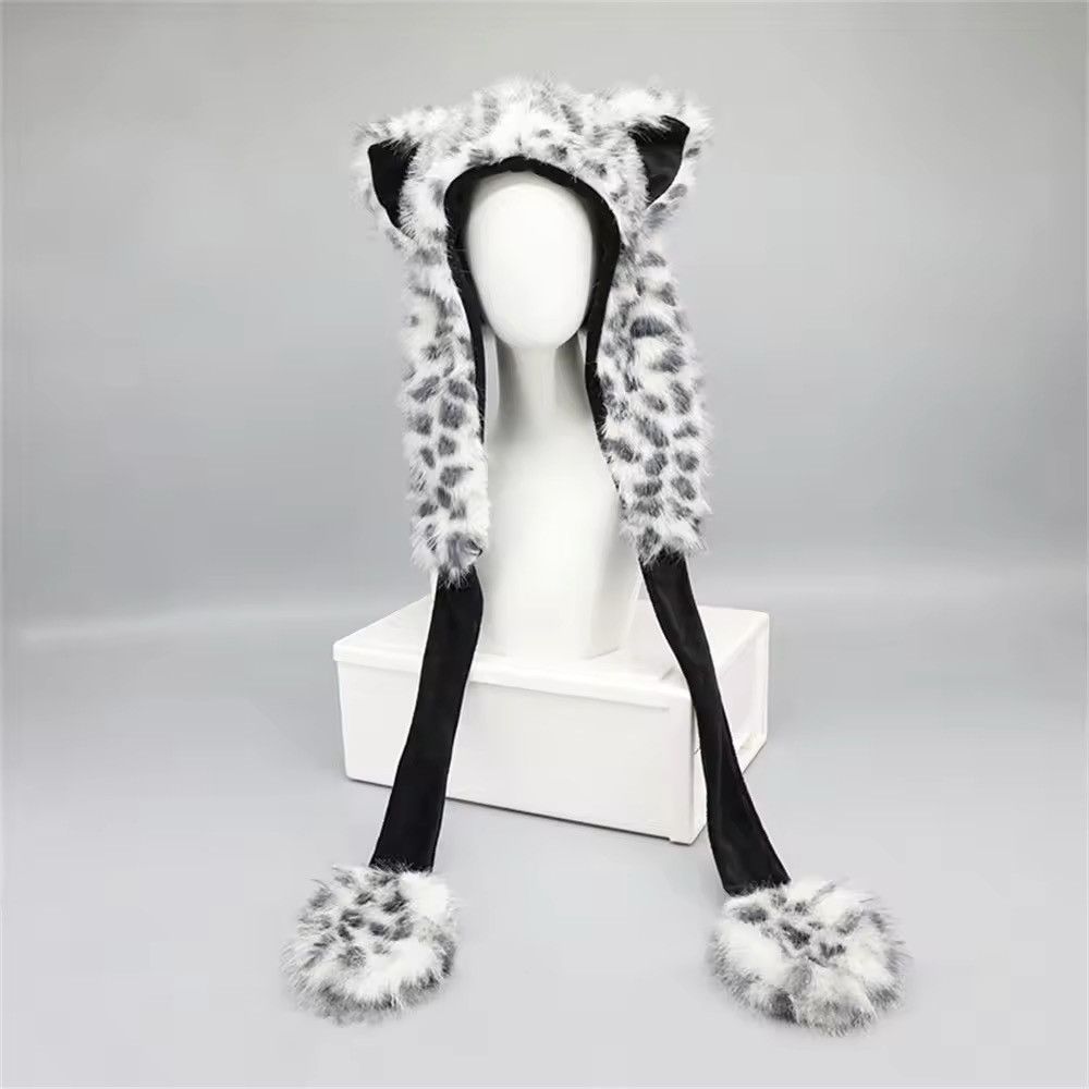 Japanese Brand Animal Snow Leopard Hooded Winter Faux Fur Hat Size ONE SIZE - 1 Thumbnail