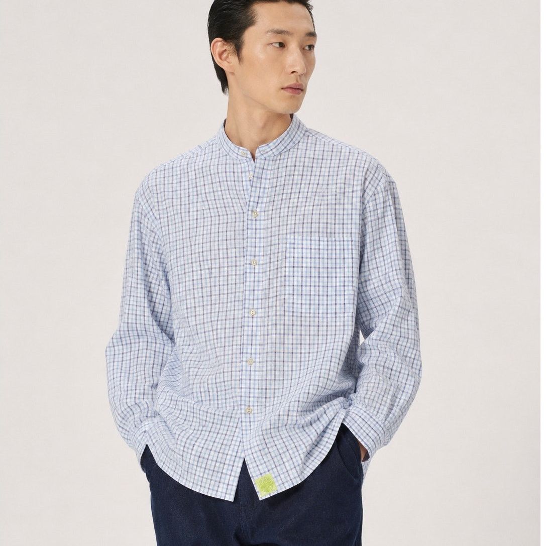 Shanghai Tang Shanghai Tang Blue check Mandarin Collar button down XL Size US XL / EU 56 / 4 - 1 Thumbnail