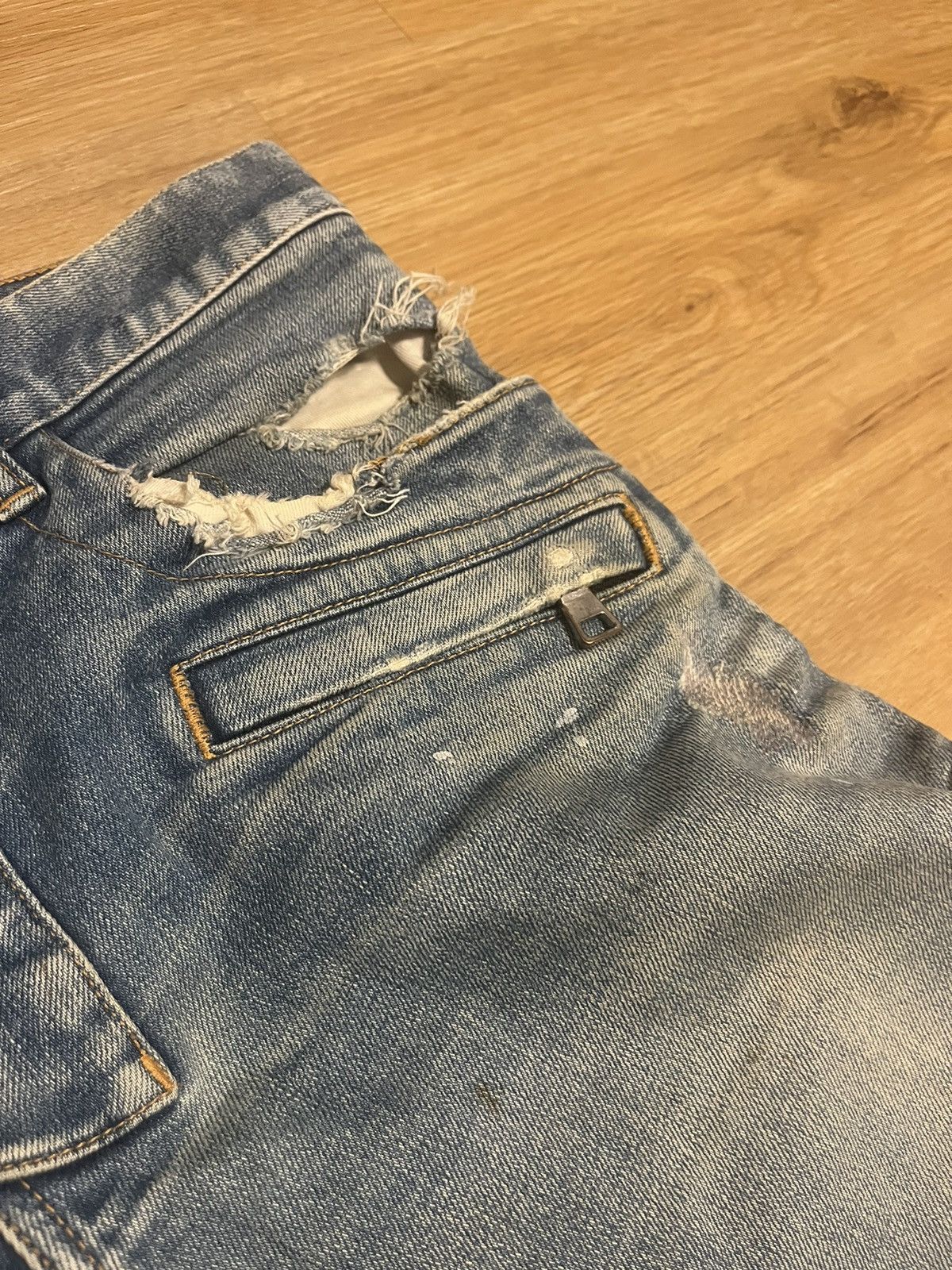 Balmain Sample 1/1 FW14 Distressed Painted Biker Denim Jean