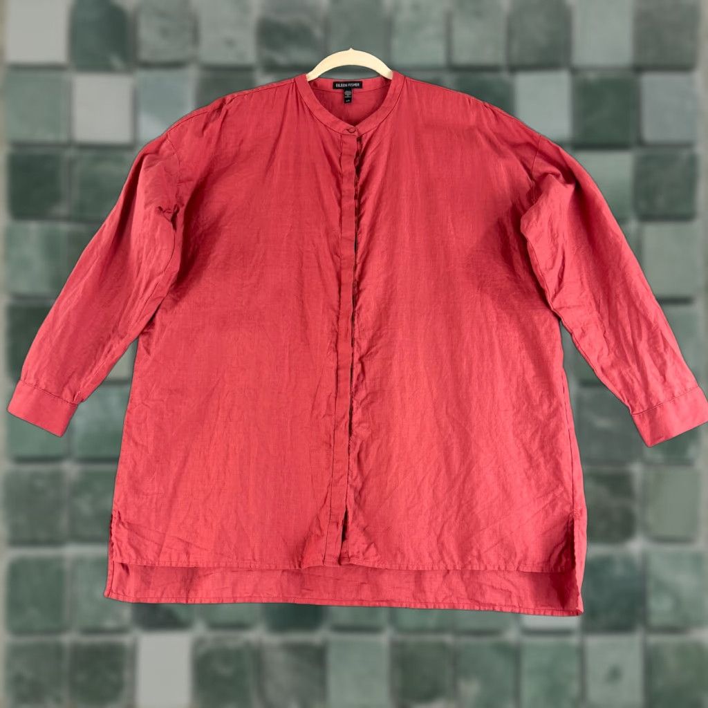 Eileen Fisher Eileen Fisher Button-Up Tunic Shirt Womens Large Red 100% Linen 3/4 Sleeve Size L / US 10 / IT 46 - 1 Thumbnail