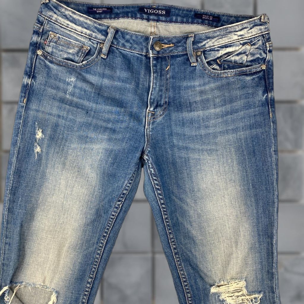 Vintage VIGOSS Chelsea Skinny Jeans 33x28 Blue Ankle Stretch Denim Distressed Logo Belt Loops 5-Pocket Women Size 24" / US 00 / IT 34 - 1 Thumbnail