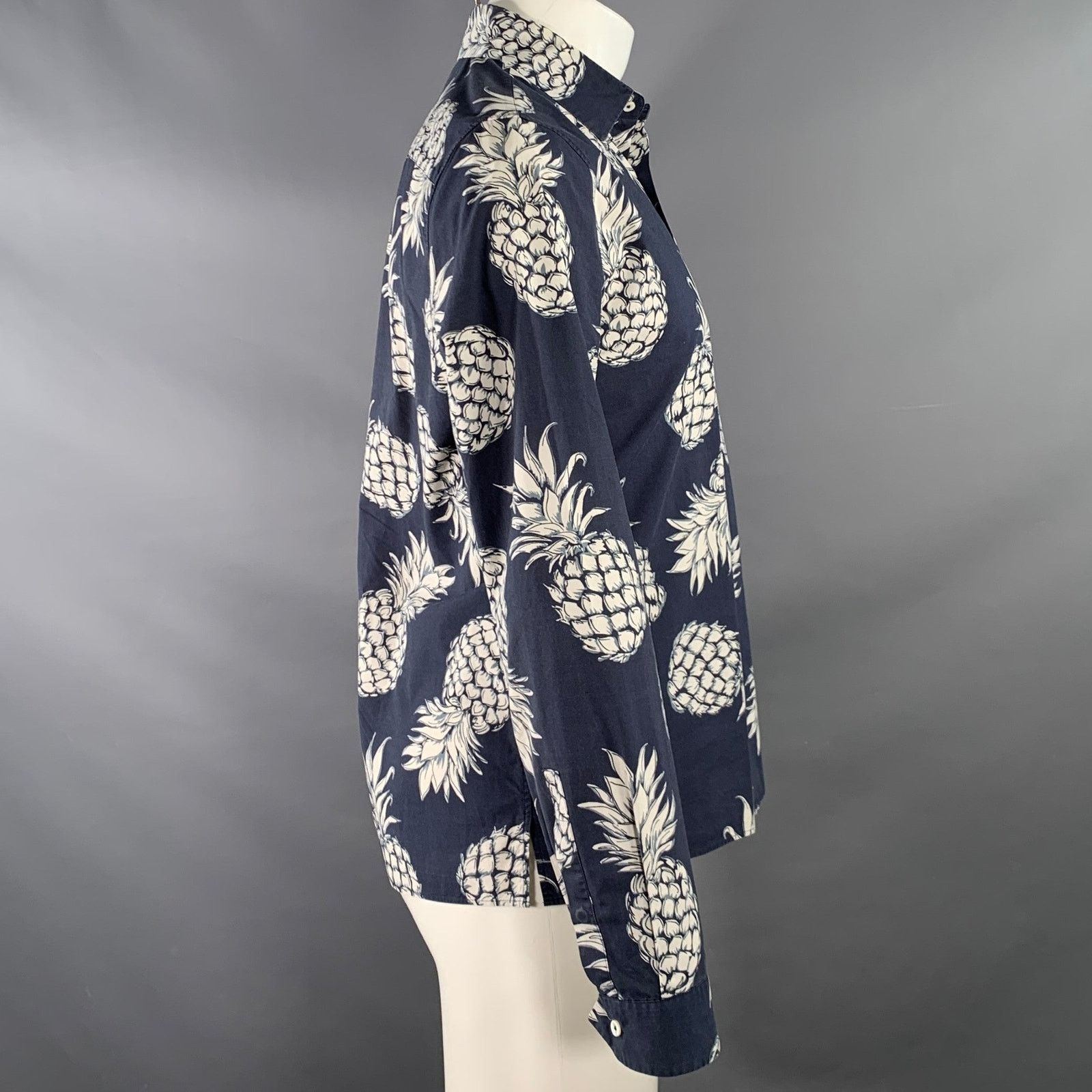 Valentino Navy White Pineapple Print Cotton Button Up Long Sleeve Size US M / EU 48-50 / 2 - 3 Thumbnail