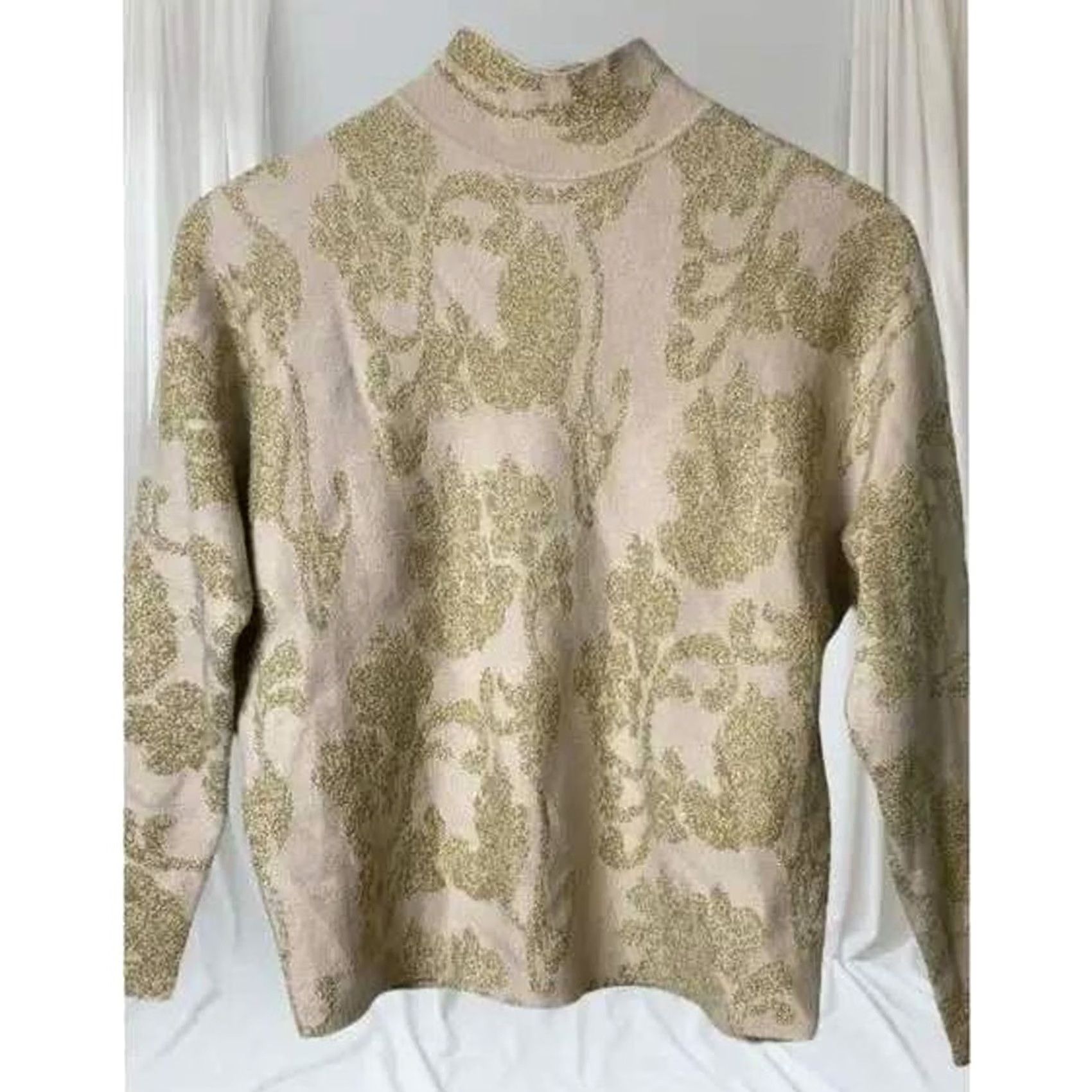 Vintage Sioni Metallic Gold Floral Glitter Mock Neck Sweater M - Glamorous Knit Size M / US 6-8 / IT 42-44 - 2 Thumbnail