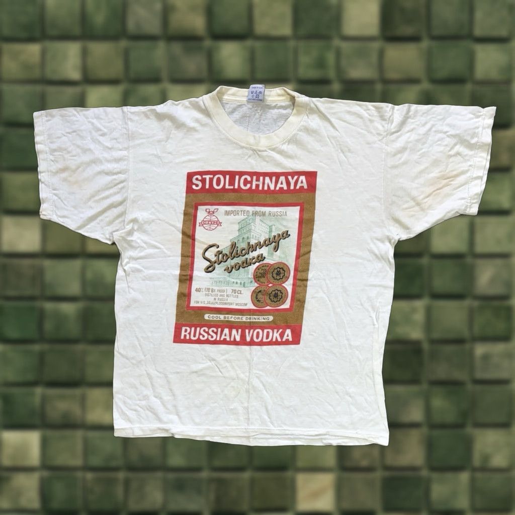 Vintage VTG Stolichnaya Russian Vodka T-Shirt XL White Unisex Adults Short Sleeve Cotton Promo Graphic Tee Size US XL / EU 56 / 4 - 1 Thumbnail