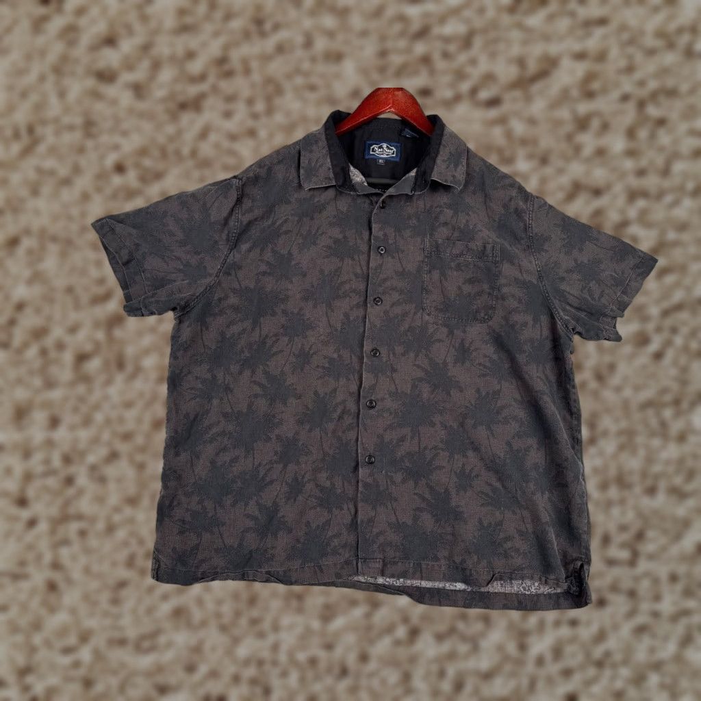 Nat Nast Shirt Mens XL Gray Palm Silk Blend Hawaiian Camp Short Sleeve Button-Up