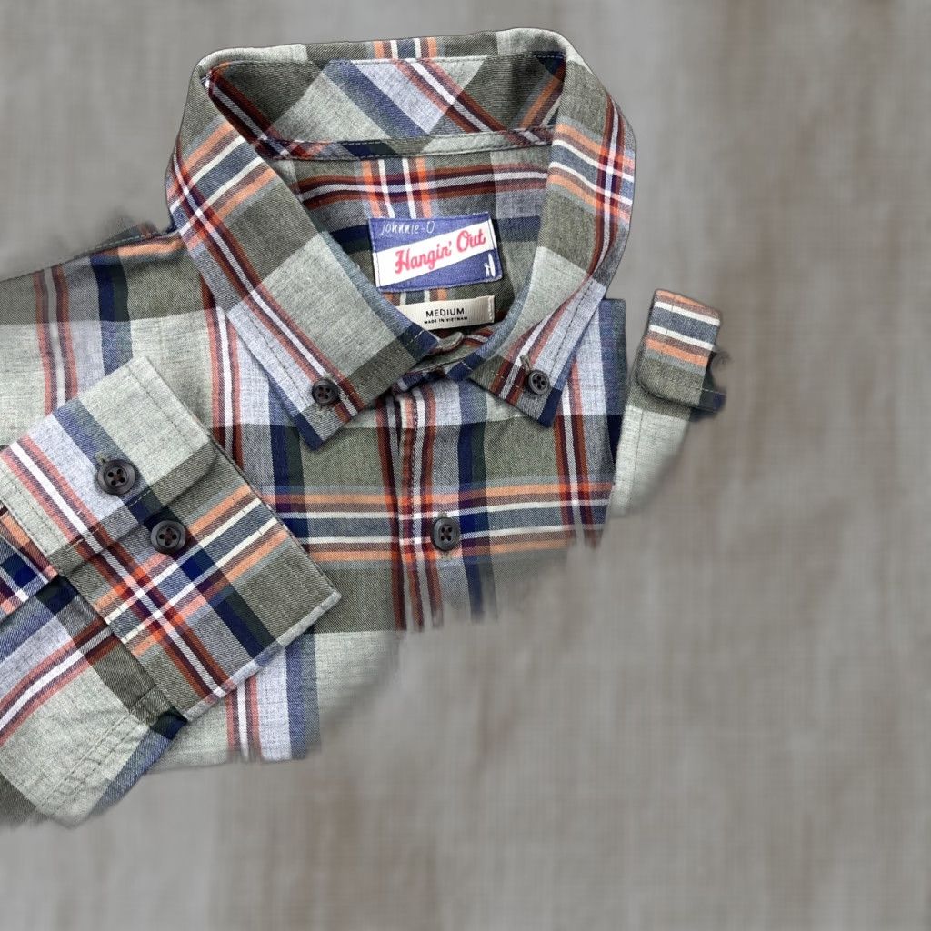 johnnie-O Johnnie-O Shirt Men Medium Olive Green Plaid Button Up Hangin Out Dress Pocket Size 40R - 1 Thumbnail