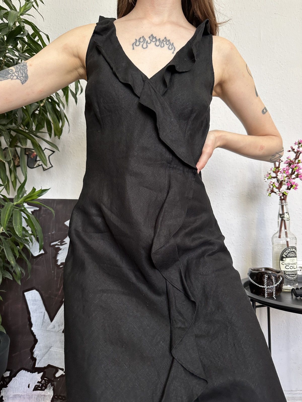 Designer Linen Ruffled Maxi Dress Cottage Coquette Retro Core Size XS / US 0-2 / IT 36-38 - 5 Thumbnail