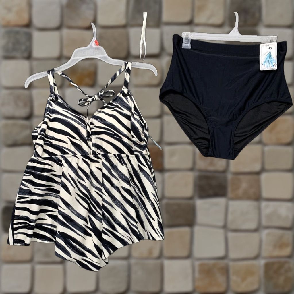 Vintage Kona Sol Swimsuit Zebra Print Top Solid Black Bottoms 16W XL Women Two Piece Sizing Sz 16W XL Product? Size XXL / US 16-18 / IT 52-54 - 1 Thumbnail