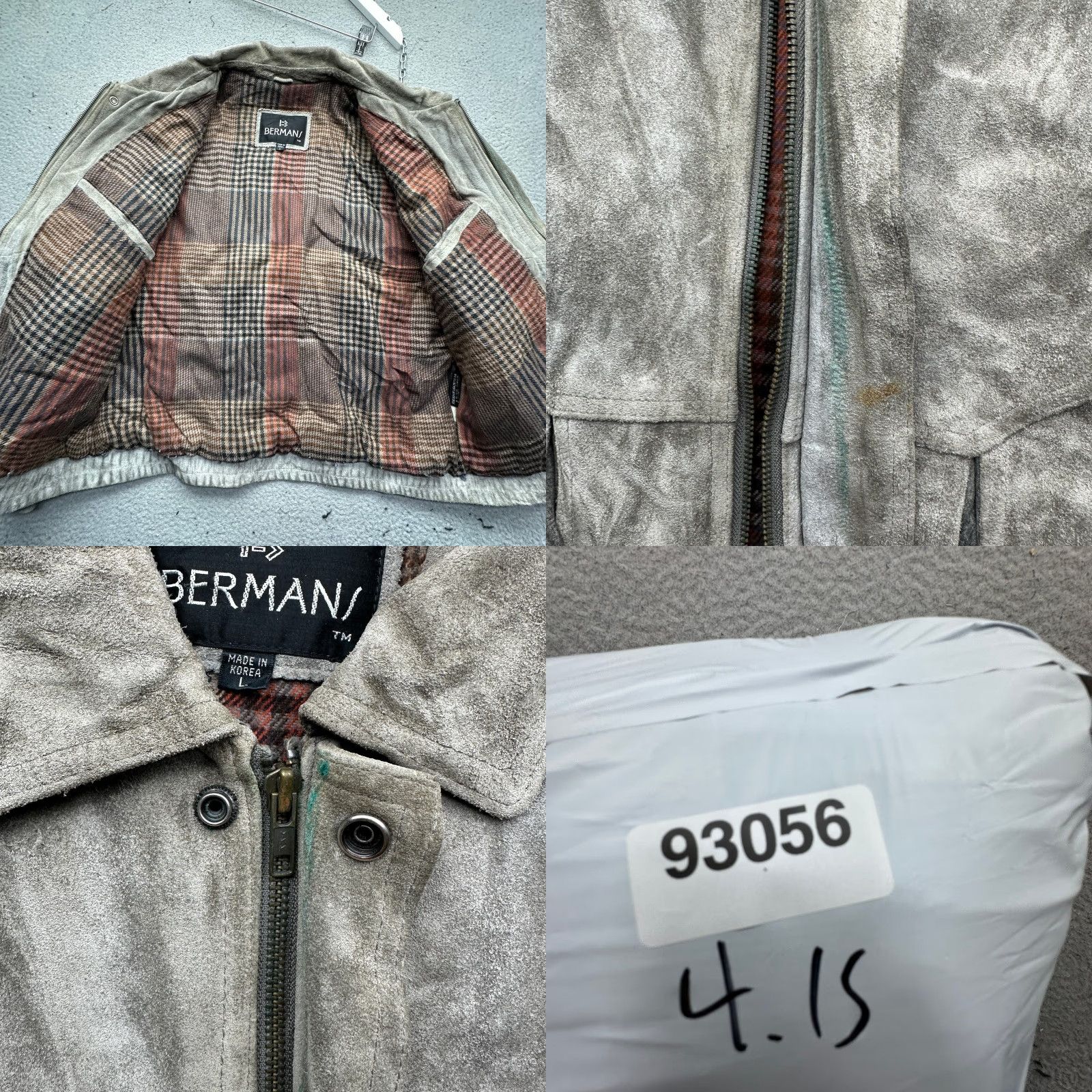 Ben Sherman VINTAGE Bermans Suede Leather Bomber Jacket Mens Large Gray Plaid Lined Size US L / EU 52-54 / 3 - 9 Thumbnail