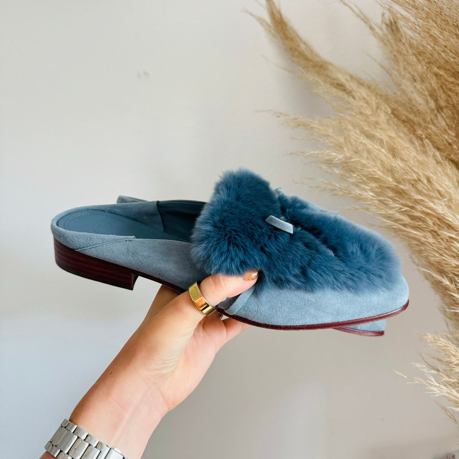 AD Blue Grey Rabbit Fur Flats Toe Bow Slides Mules Shoes 7.5