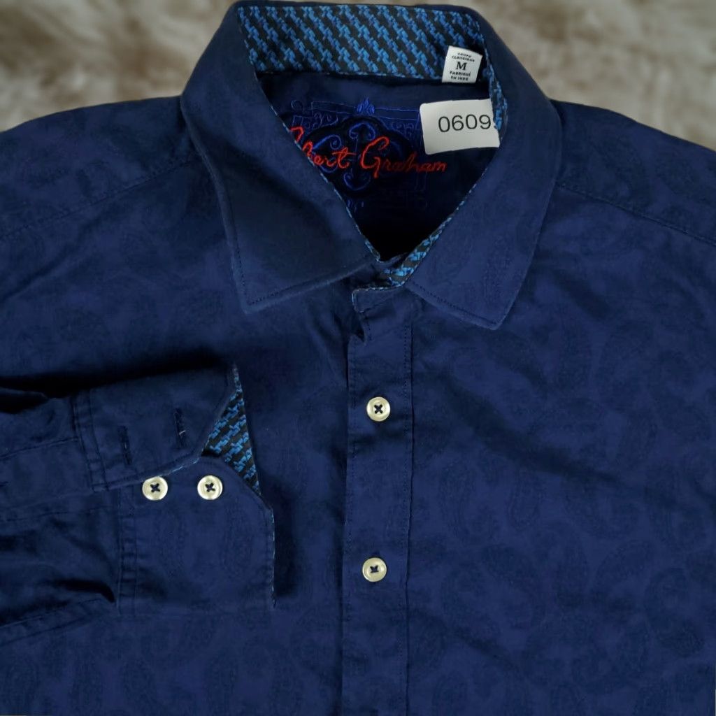 VINTAGE Robert Graham Shirt Mens Size Medium Blue Paisley Button-Up Long Sleeve