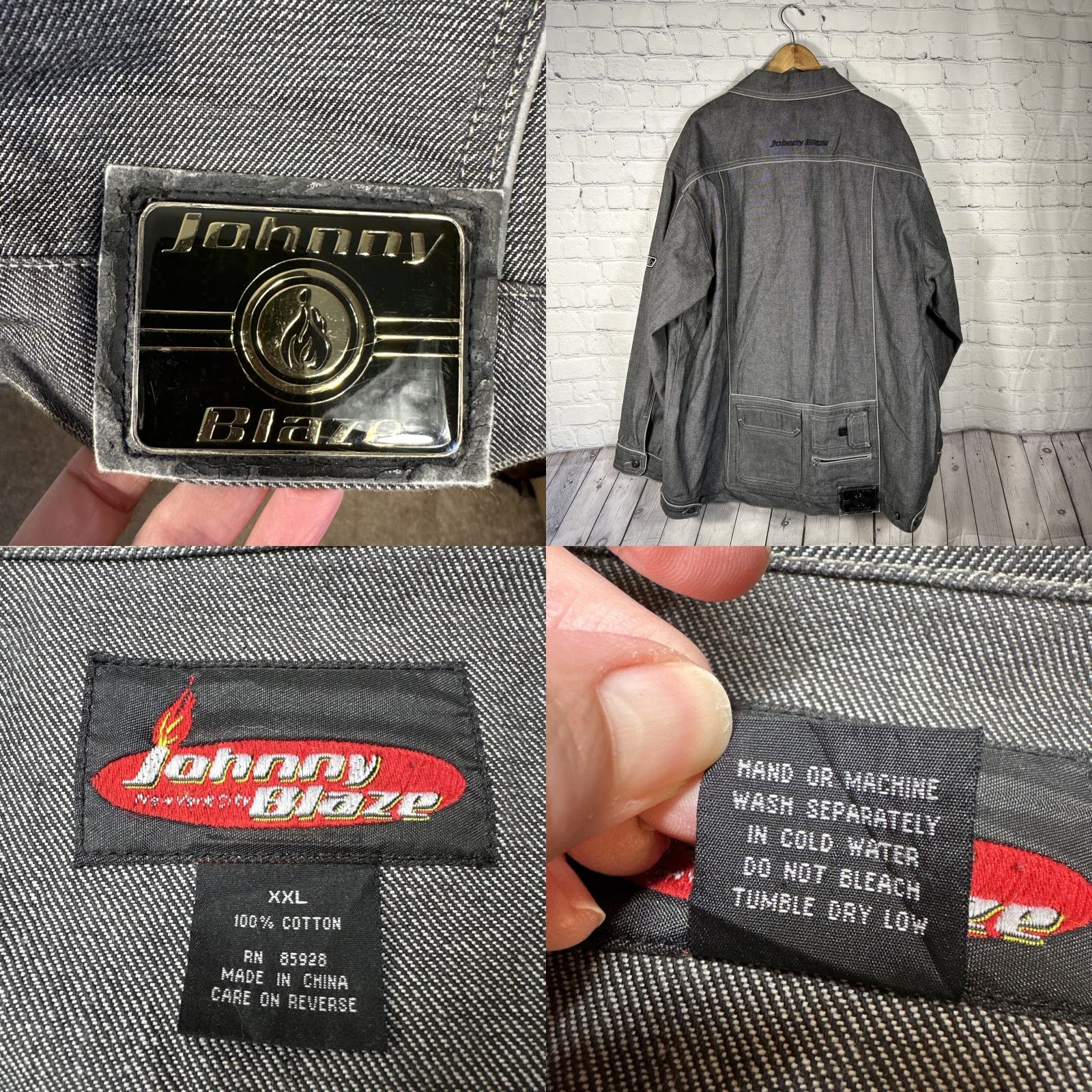 Denime VINTAGE Johnny Blaze Denim Jacket Mens 2XL Black Hip Hop Skater Coat Mid-Length Full Zip Pockets Logo Size US 39 - 8 Thumbnail