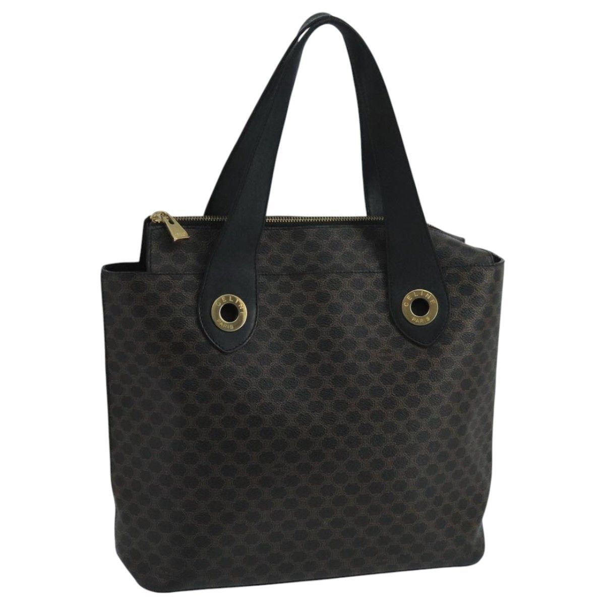 CELINE Macadam Canvas Hand Bag PVC Leather Black Gold Auth 104108