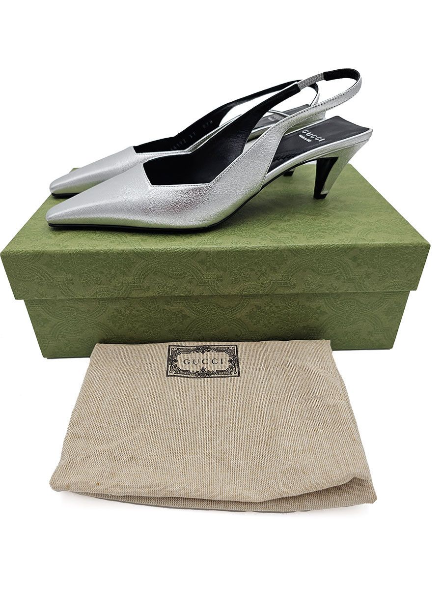 Gucci Gucci Silver Leather Slingback Pumps Women’s Size 37 Size US 7 / IT 37 - 1 Thumbnail