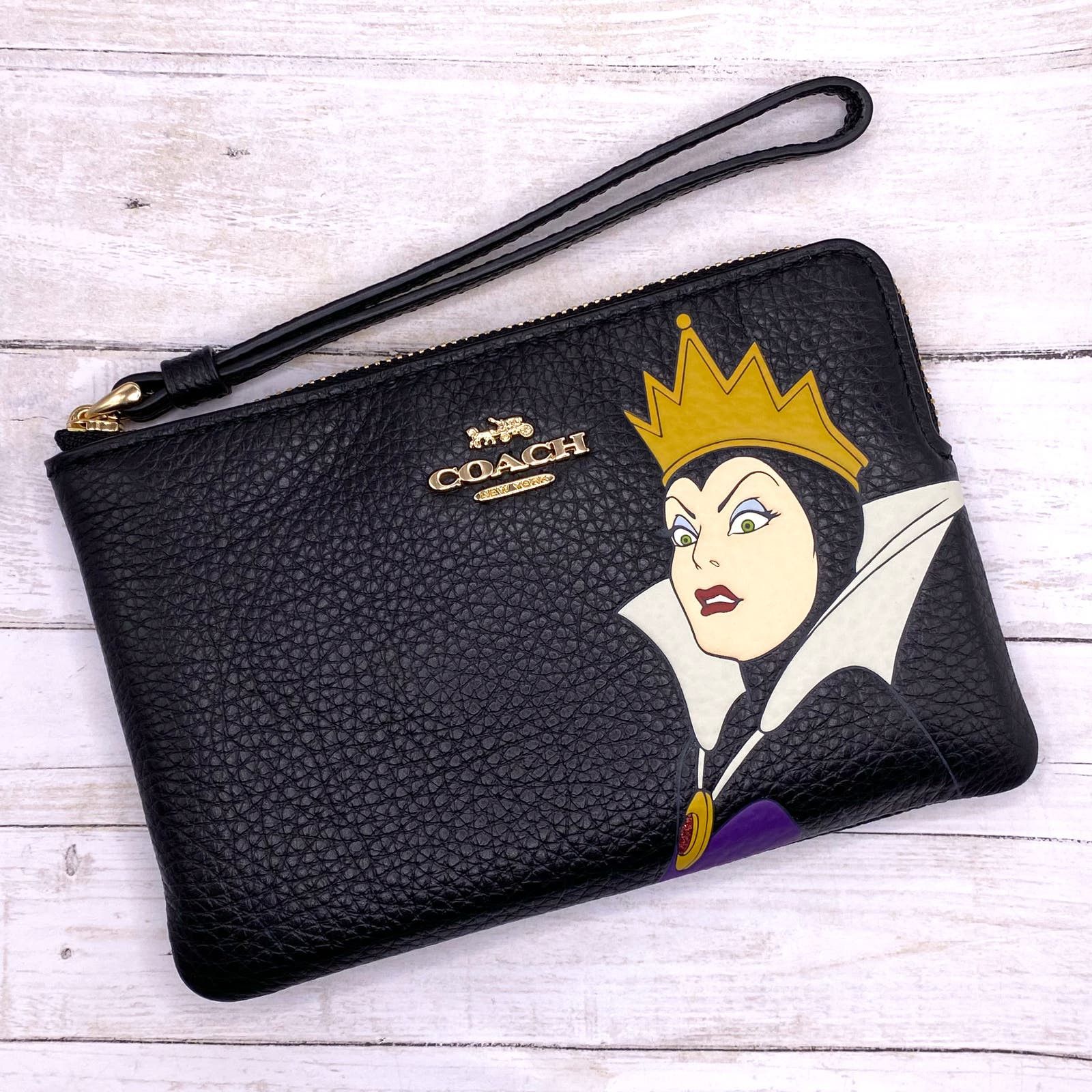image of Disney X Coach Corner Zip Wristlet Evil Queen Motif Cc333 in Black, Women's