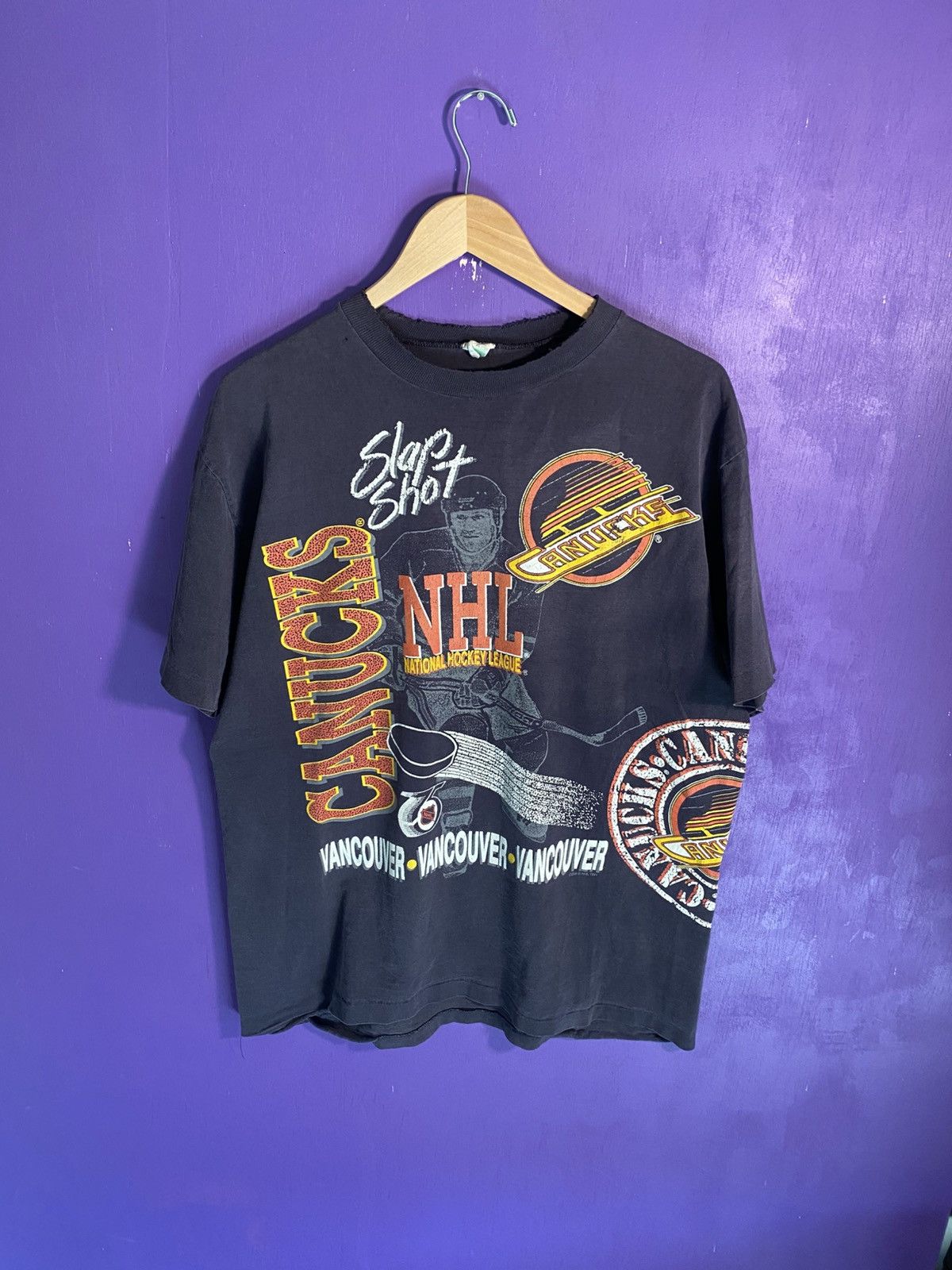 Vintage 1991 Vancouver Canucks slap shot AOP t-shirt