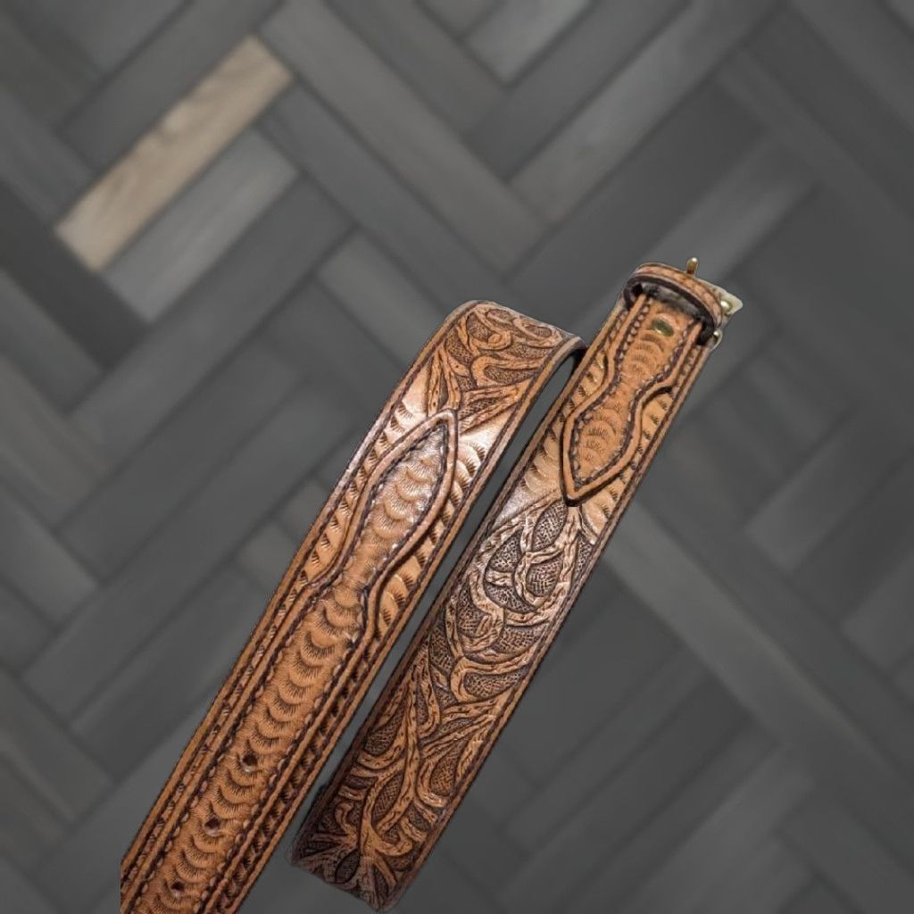 Vintage VINTAGE leather belt Ranger western 36 brown Tooled belt buckle Cowboys Ranger Western Mens 36 Brown Leather belt Size 36 - 1 Thumbnail