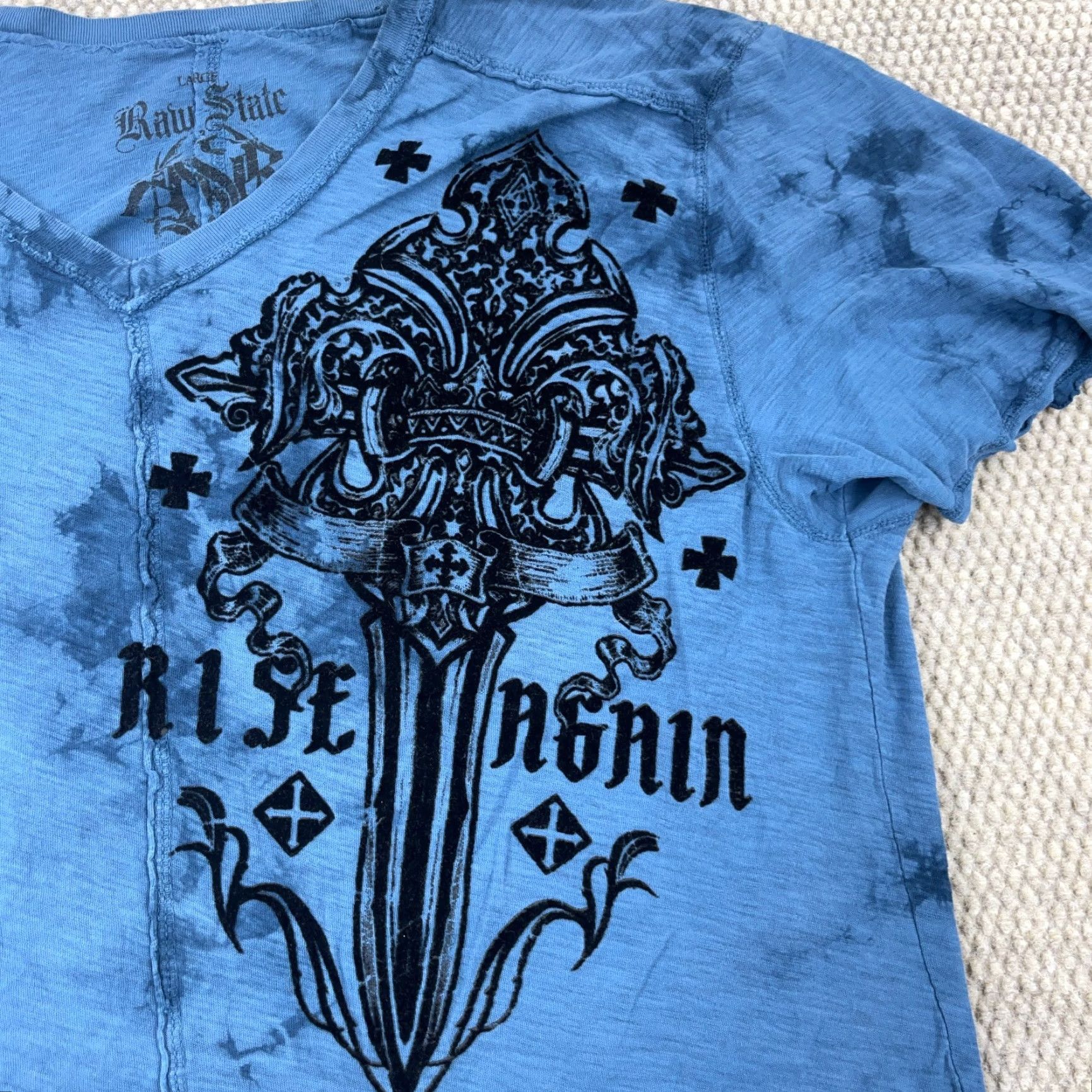 Vintage VINTAGE Raw State Men’s T-Shirt Large Blue Black Graphic Tee Short Sleeve Reversible All Seasons Guitar Skull 90s Size US L / EU 52-54 / 3 - 4 Thumbnail