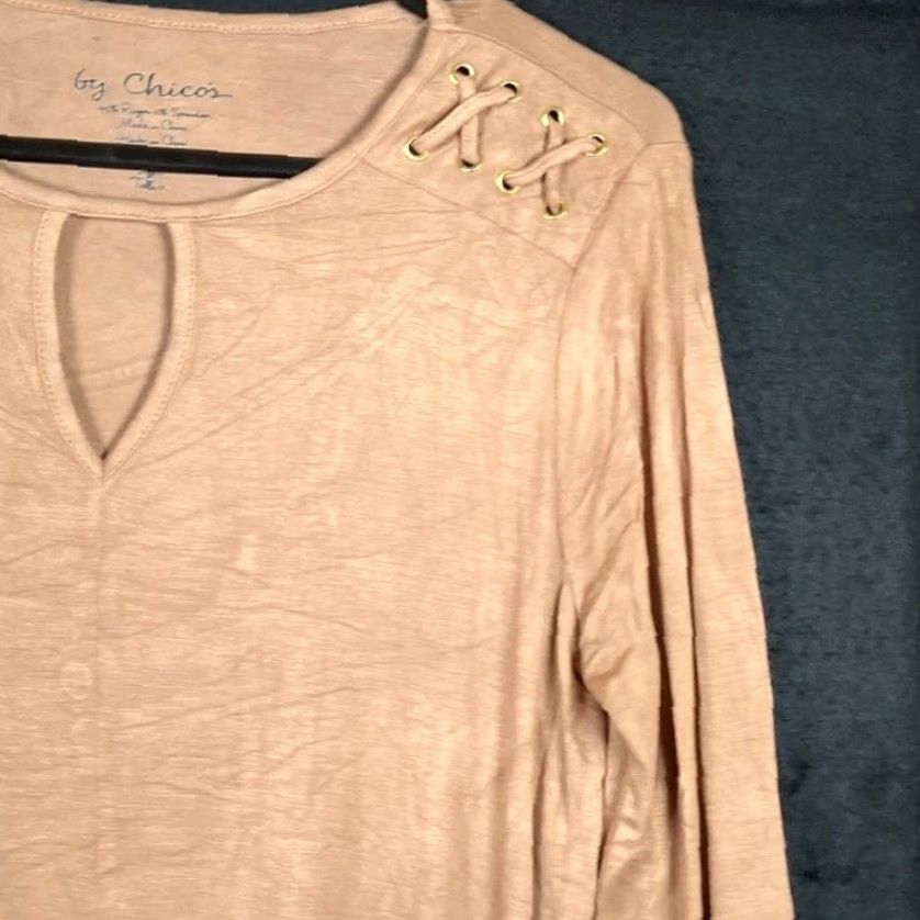 Vintage Chicos Womens Blouse Brown High Low Tunic Keyhole Lace Up Shoulder Stretch Crew Neck Long Sleeve Regular S Shirt Size S / US 4 / IT 40 - 5 Thumbnail
