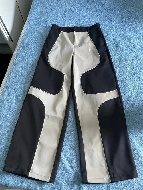 image of Avant Garde Long Loose Casual Soft Patchwork Pu Leather Pants in Black, Men's (Size 30)