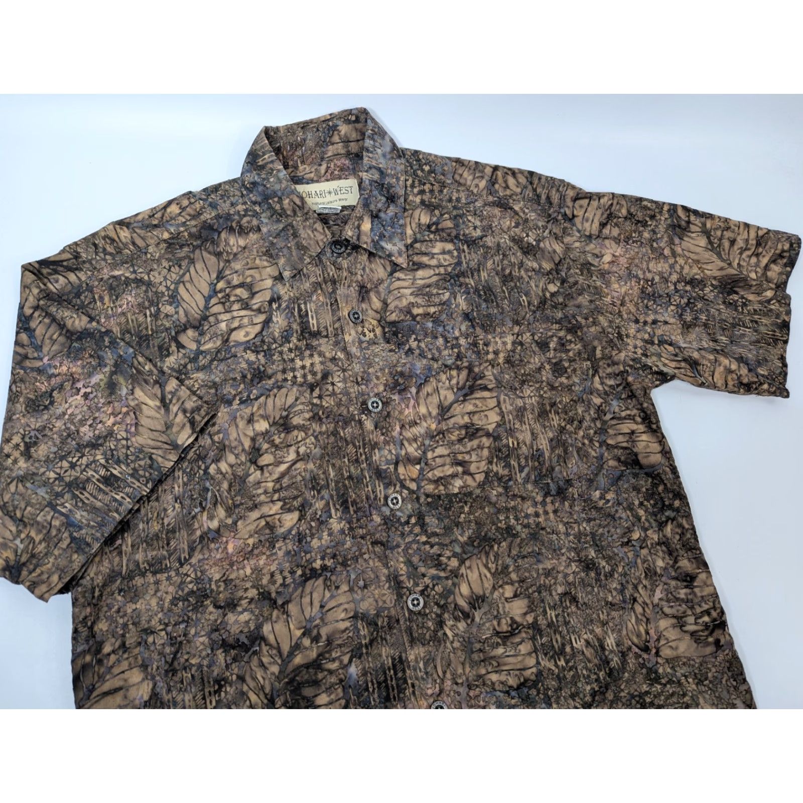 Vintage Johari West Shirt Mens Medium Brown Batik Leaf Hawaiian Abstract Button Up Size US M / EU 48-50 / 2 - 2 Thumbnail