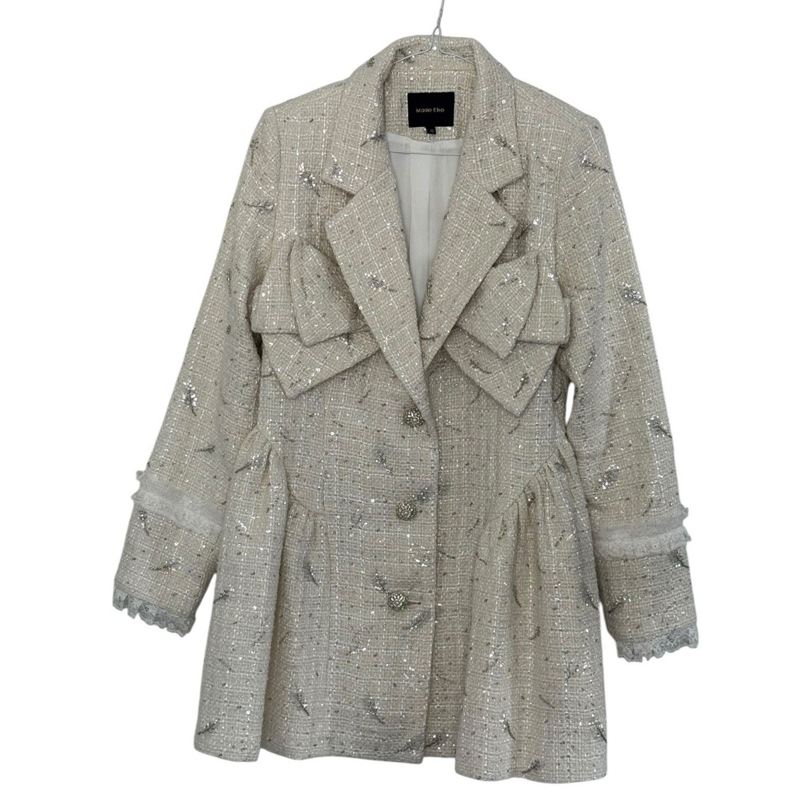 Other MARIE ELIE Ivory Tweed Bow Coat Lace Rhinestones Beaded Sz L Size L / US 10 / IT 46 - 2 Thumbnail