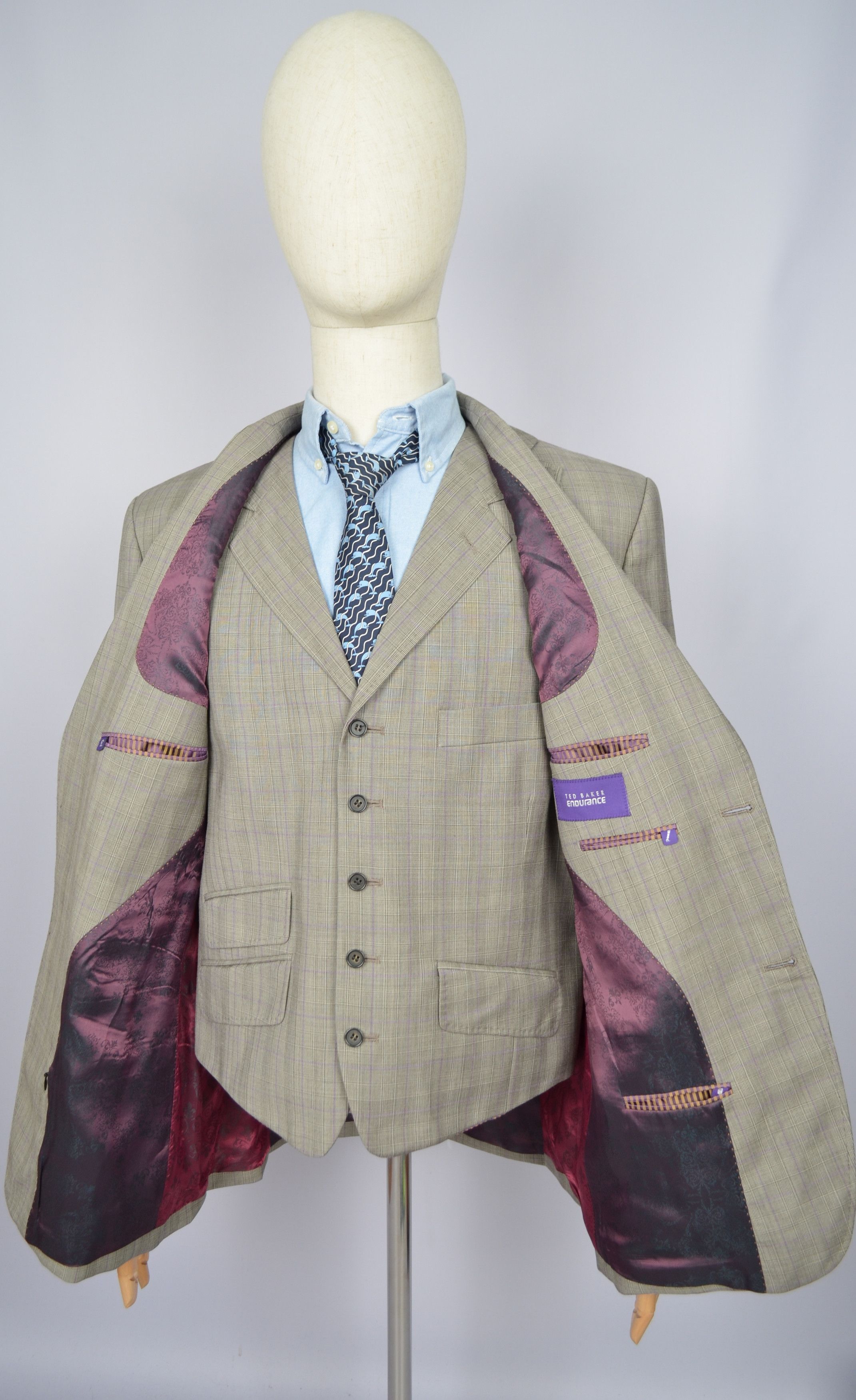 Designer × Ted Baker Ted Baker Endurance Striped Violet 3 Piece Wool Suit US 42 Size 42R - 9 Thumbnail
