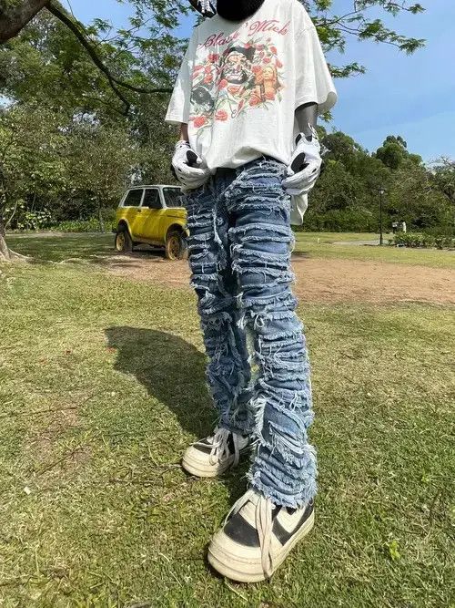 Jean ripped patch fade flare hiphop pants Size US 30 / EU 46 - 2 Thumbnail